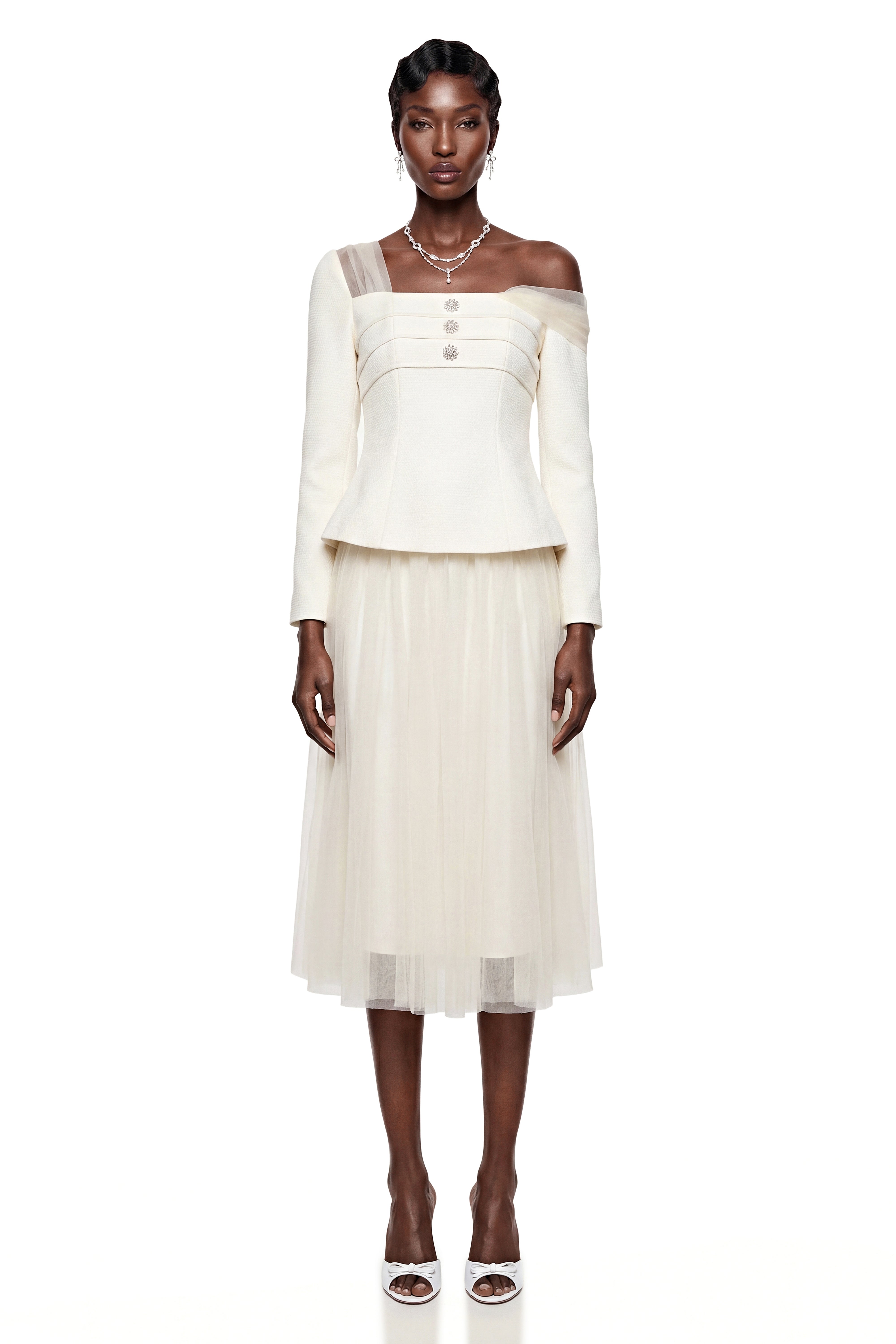 Zaria White Asymmetrical Blouse & Tulle Skirt Set