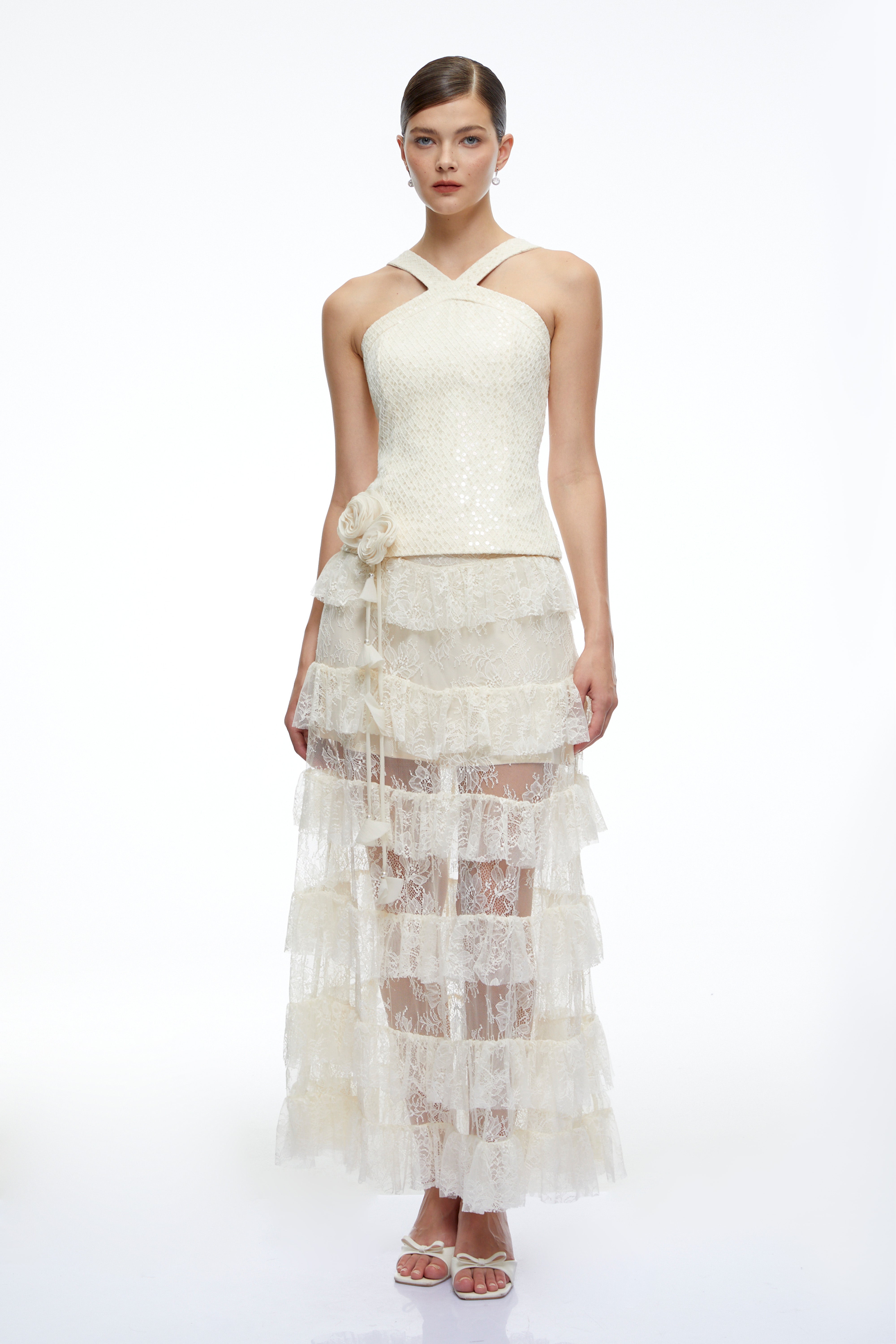 Zdenka White Halterneck Ruffled Top & Skirt Set