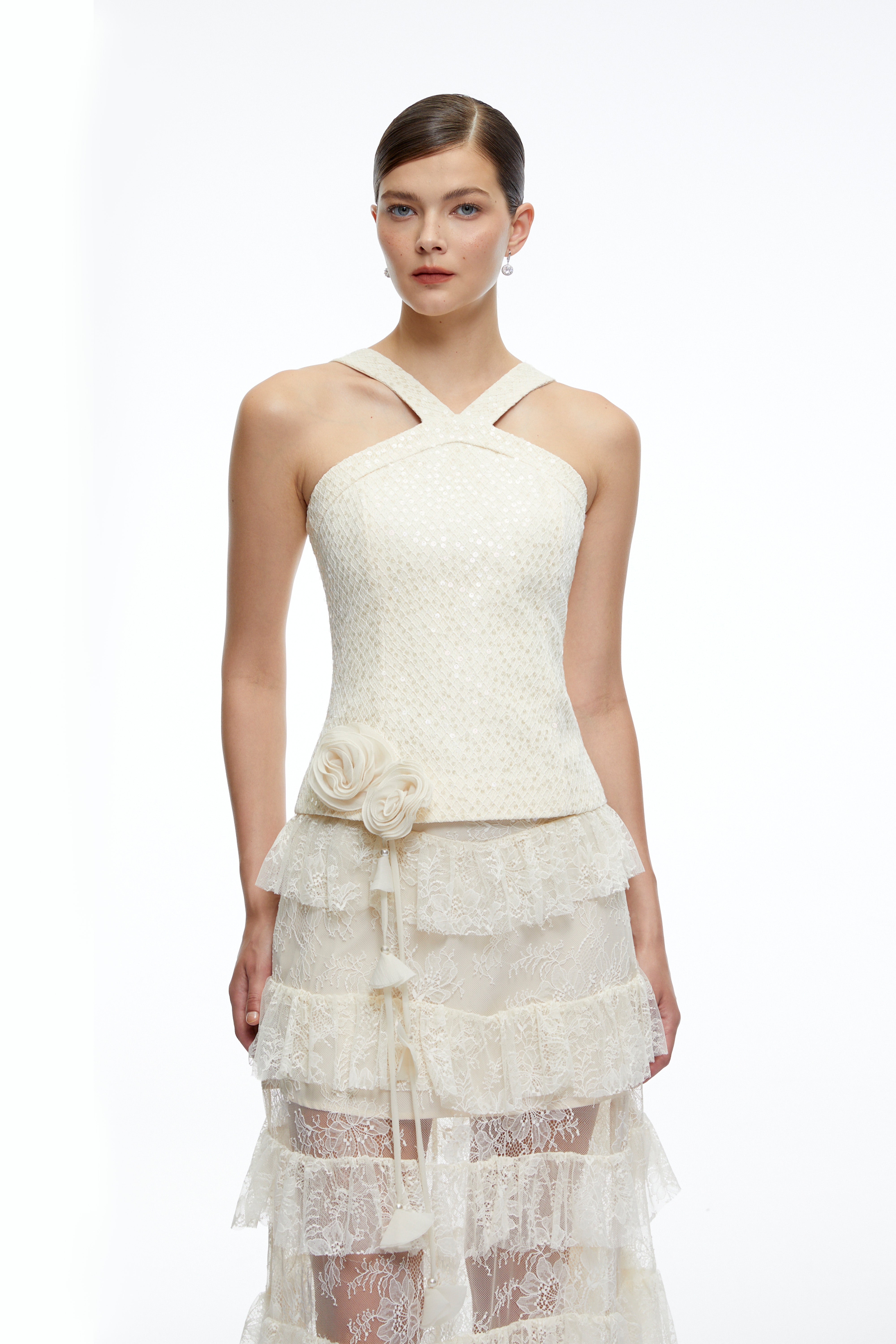 Zdenka White Halterneck Ruffled Top & Skirt Set
