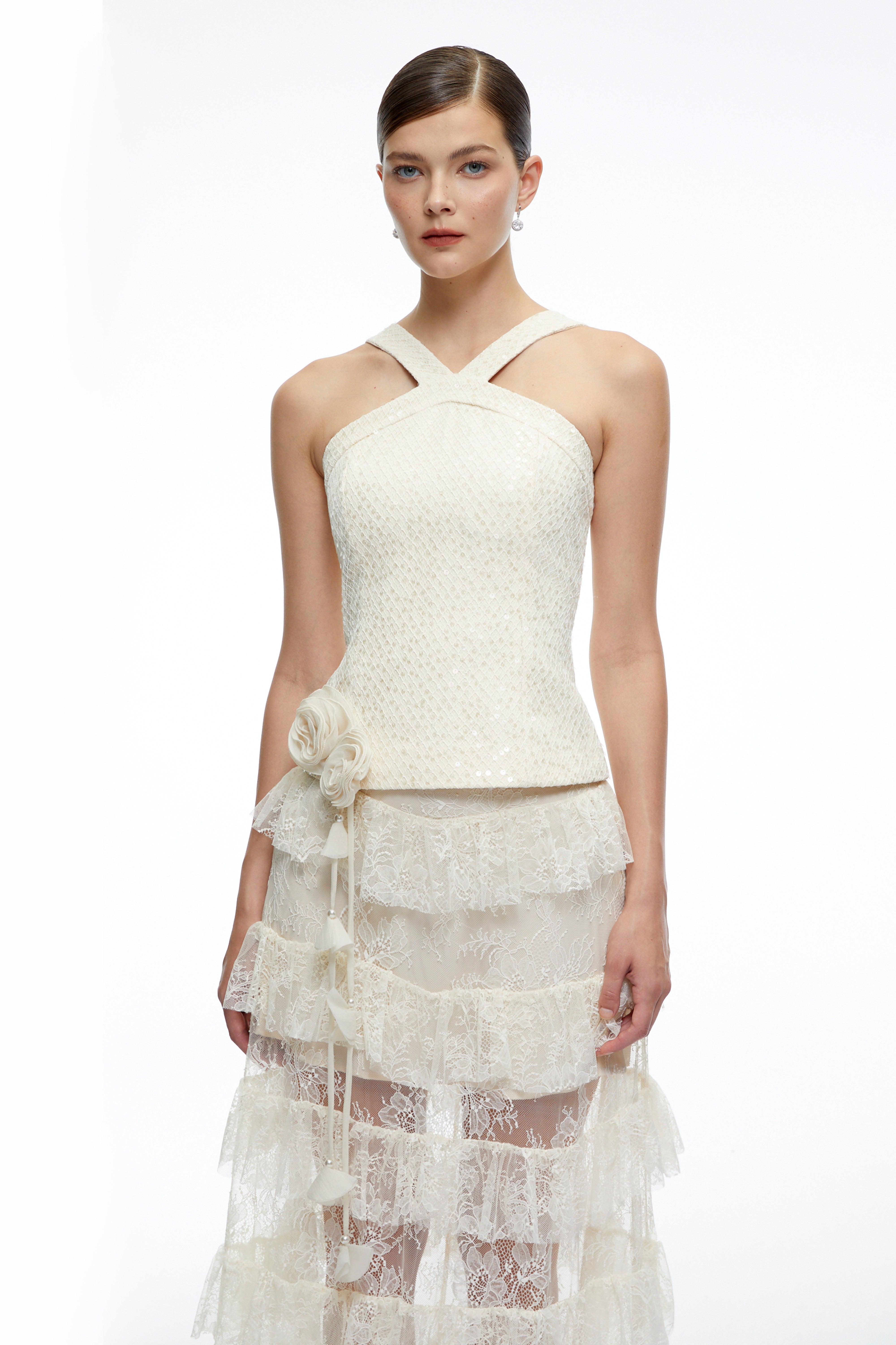 Zdenka White Halterneck Ruffled Top & Skirt Set