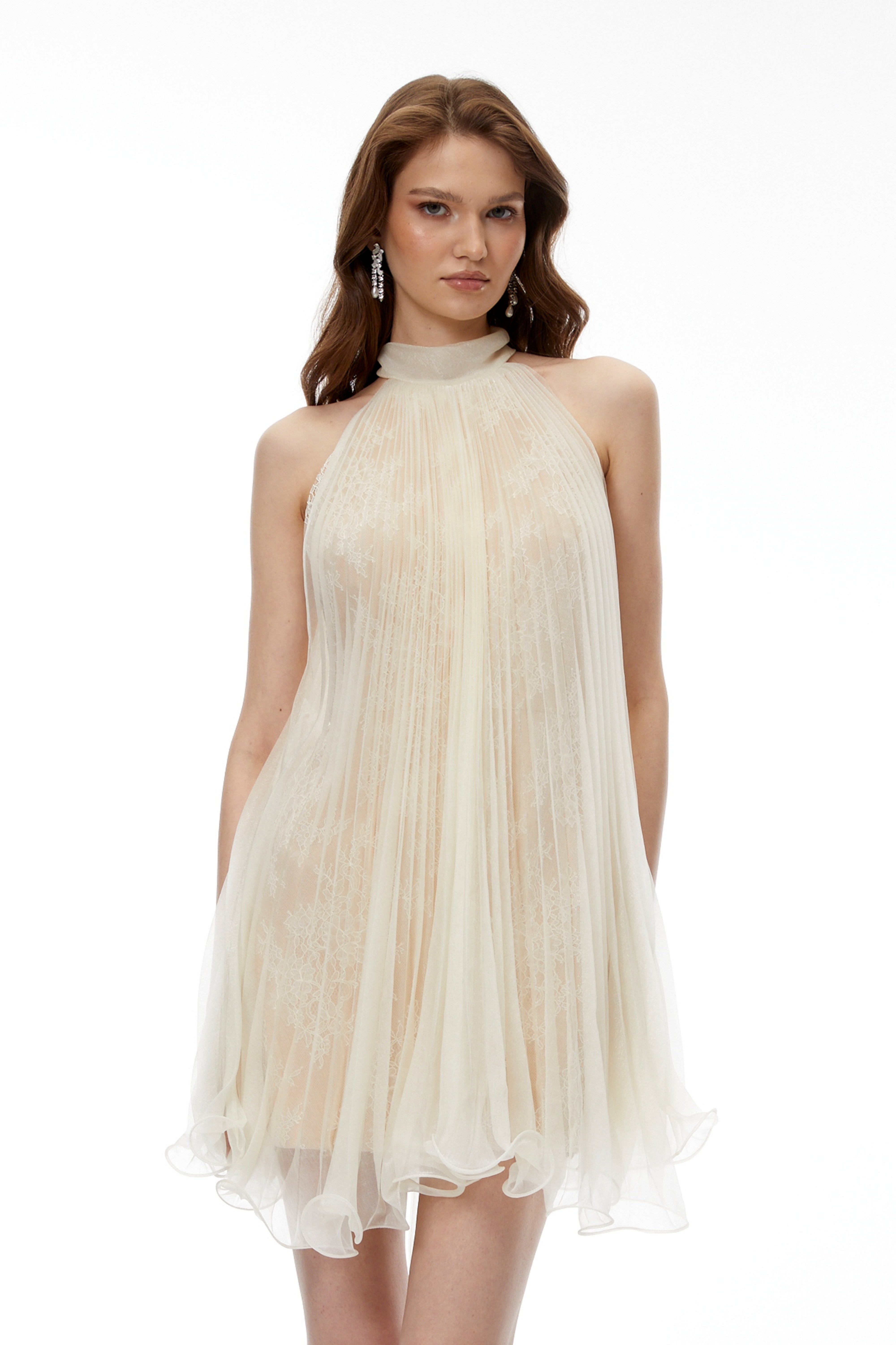 Zélie Neutral Ruffled Pleated Mini Dress (Final Sale-US Only)