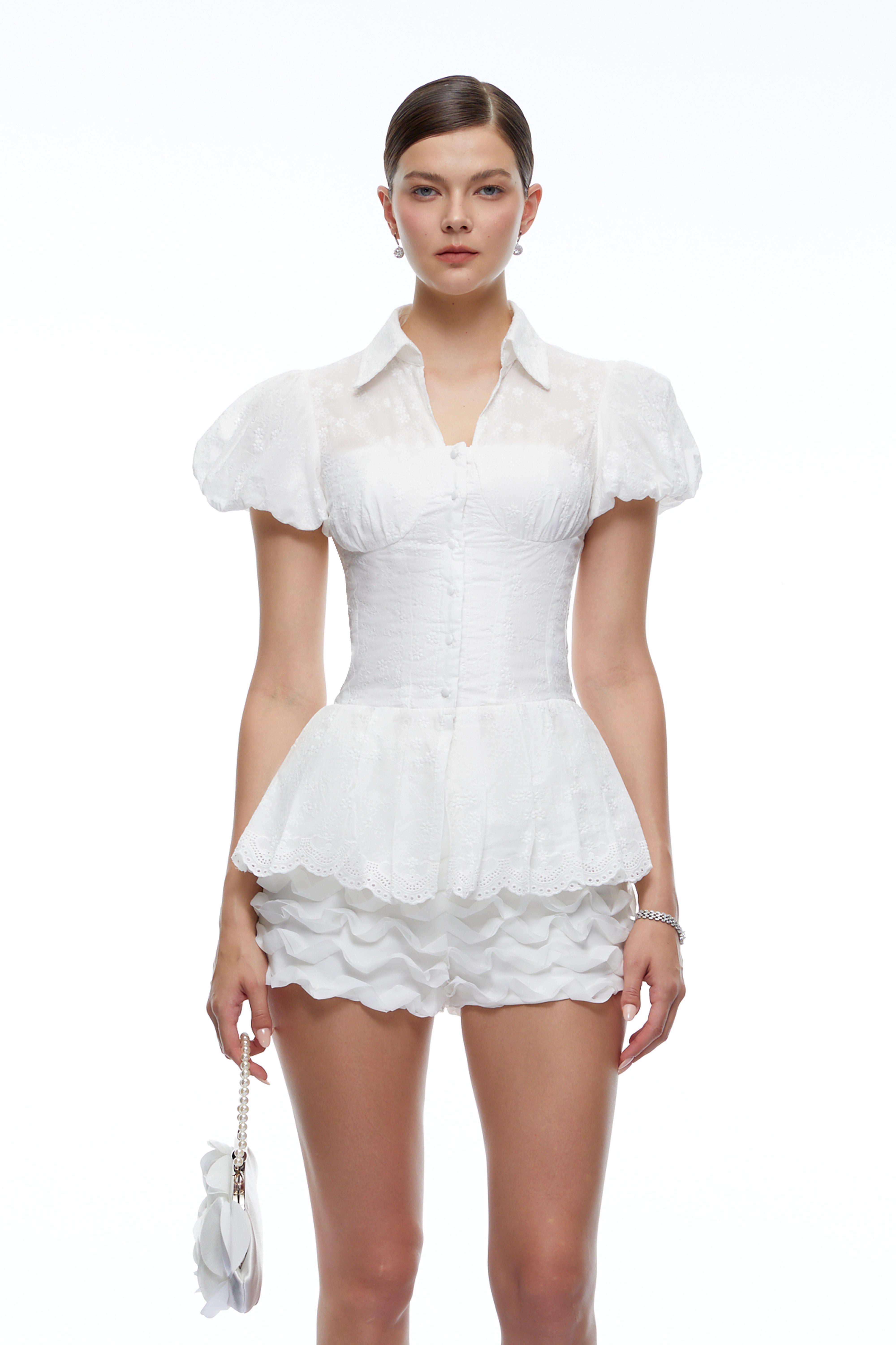 Zenobia White Floral Peplum Blouse & Shorts Set