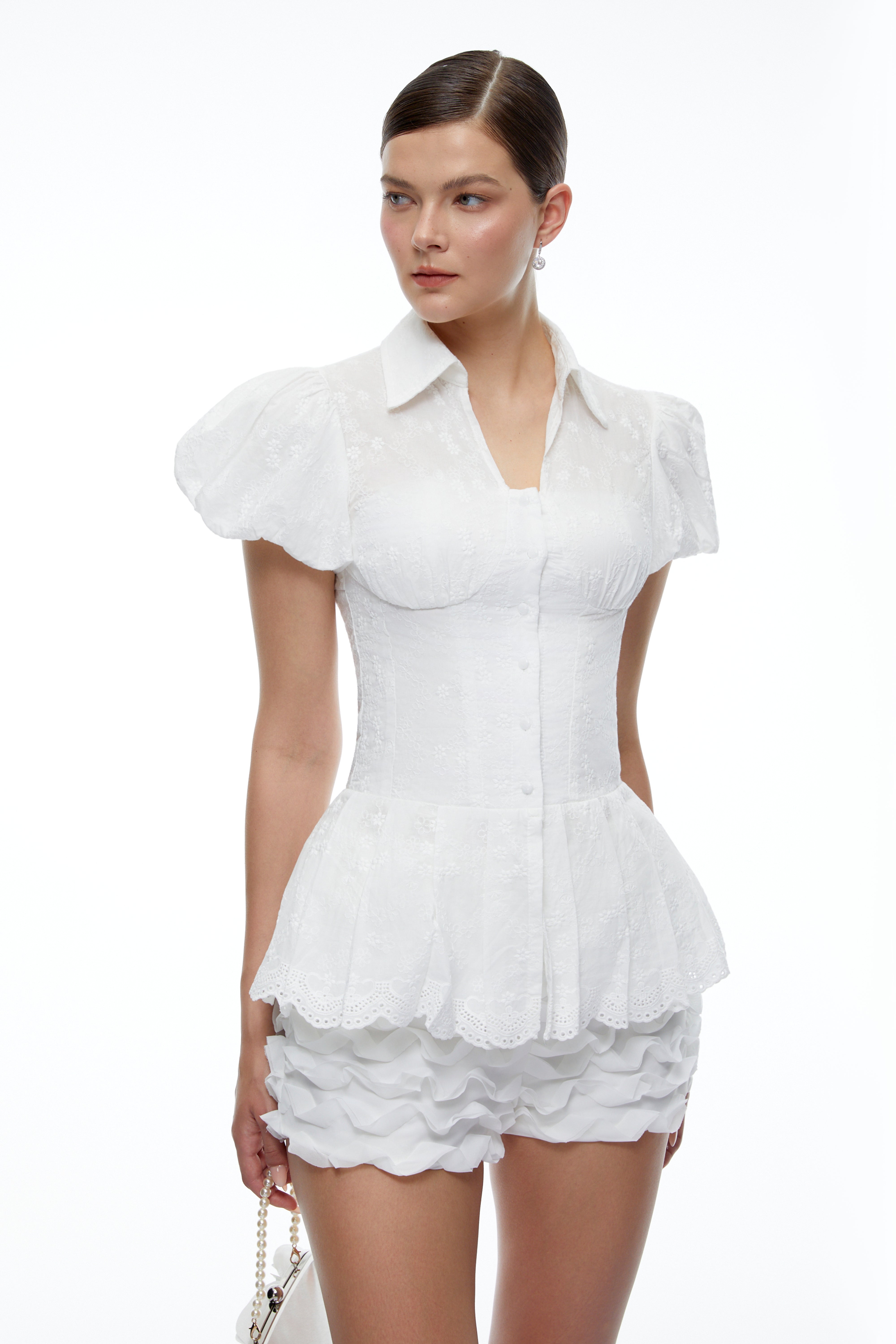 Zenobia White Floral Peplum Blouse & Shorts Set