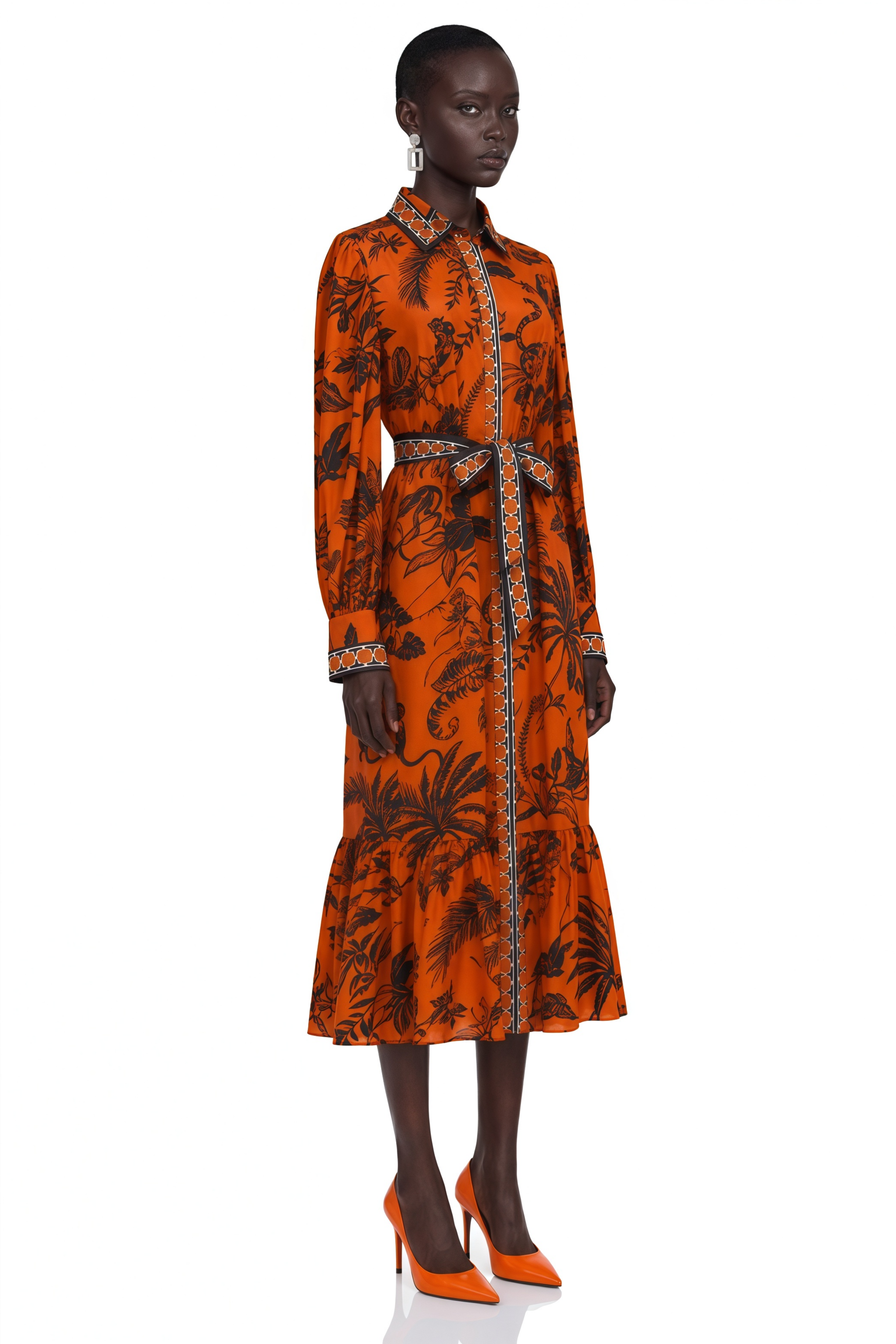 Zinnia Orange Printed Long Sleeve Midi Dress