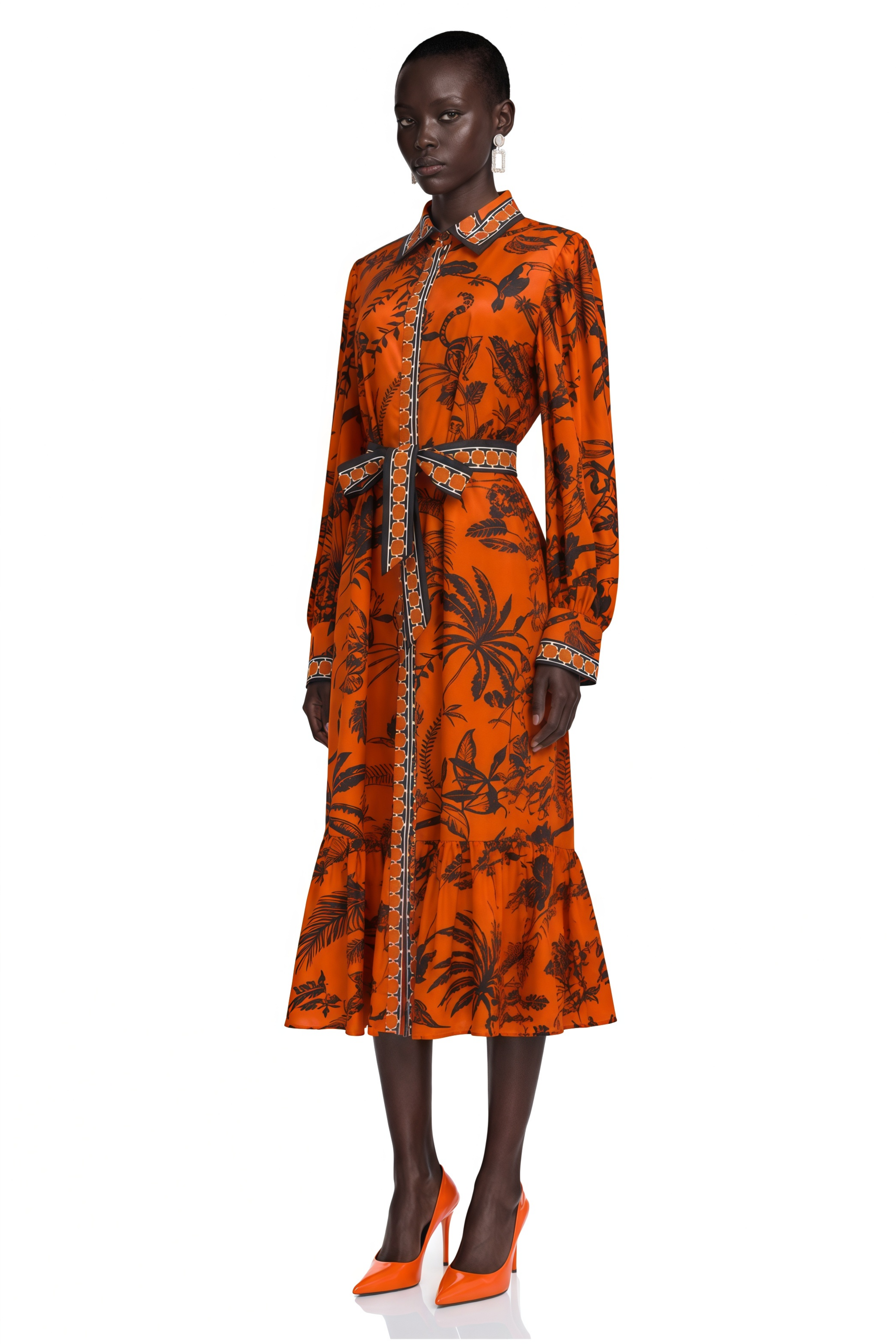 Zinnia Orange Printed Long Sleeve Midi Dress