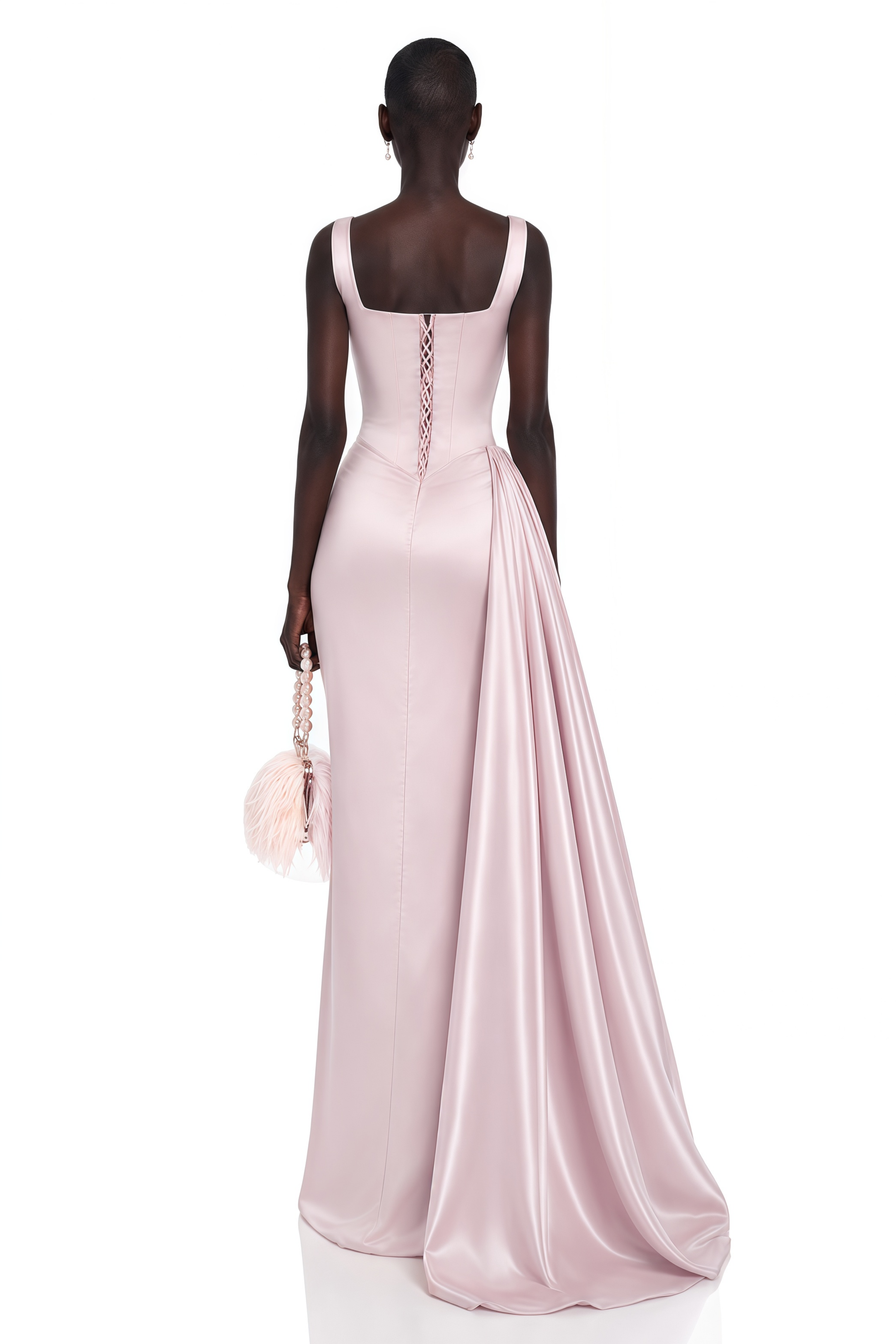 Light pink satin gown with a draped waist and shoulder straps