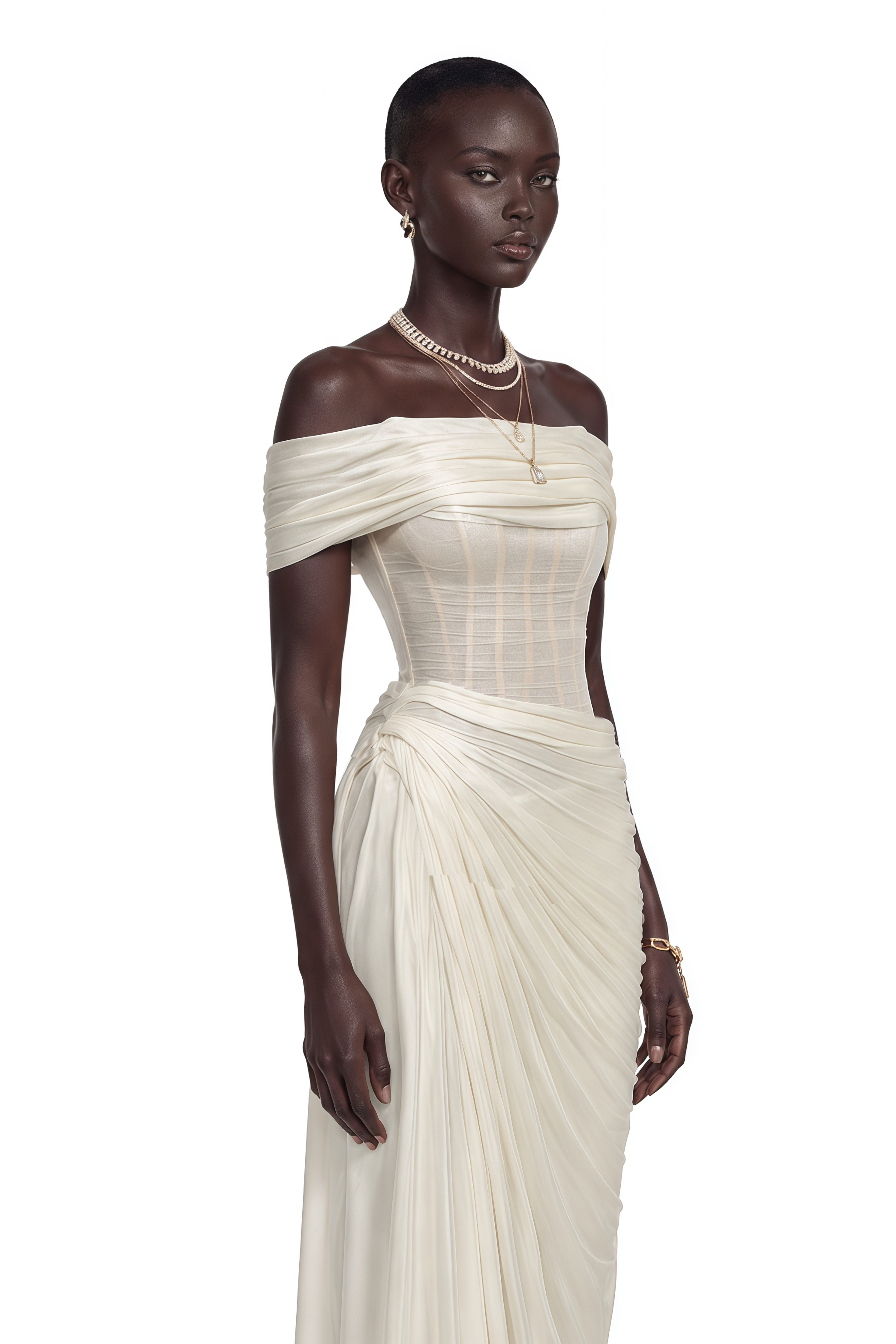 Zinnia White Off Shoulder Ruched Corset Maxi Dress