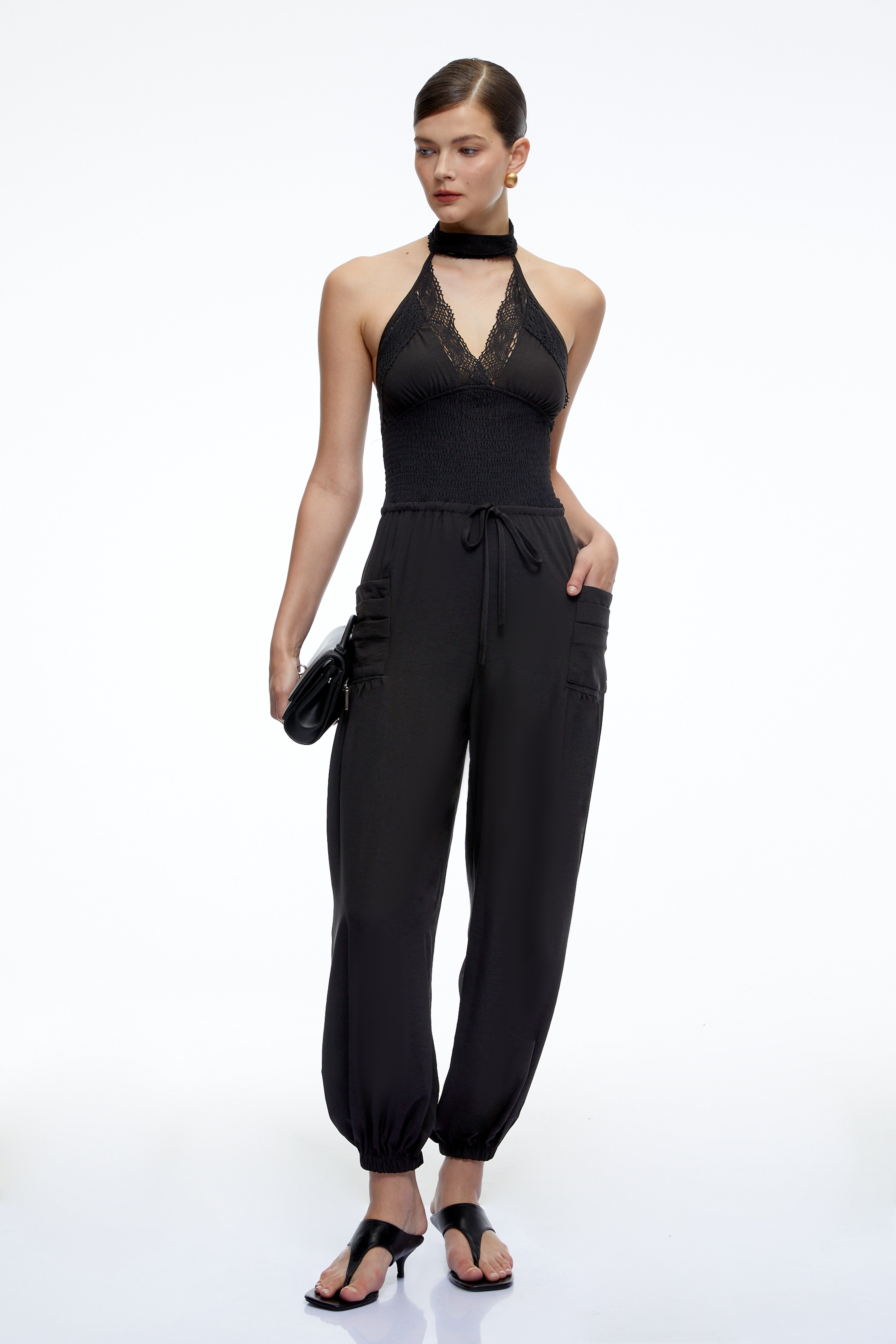 Zylia Black Halter Lace Wide Leg Jumpsuit