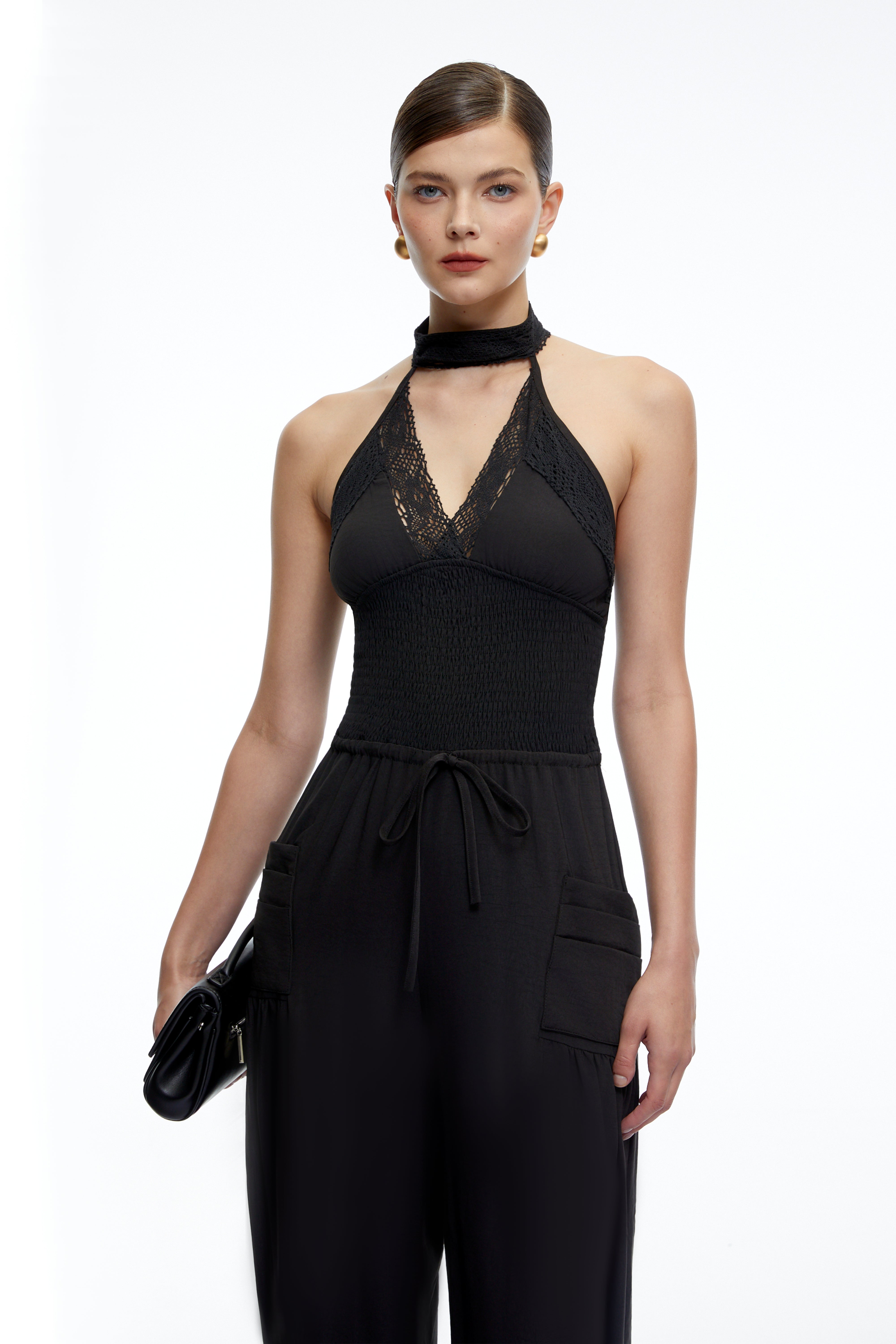 Zylia Black Halter Lace Wide Leg Jumpsuit