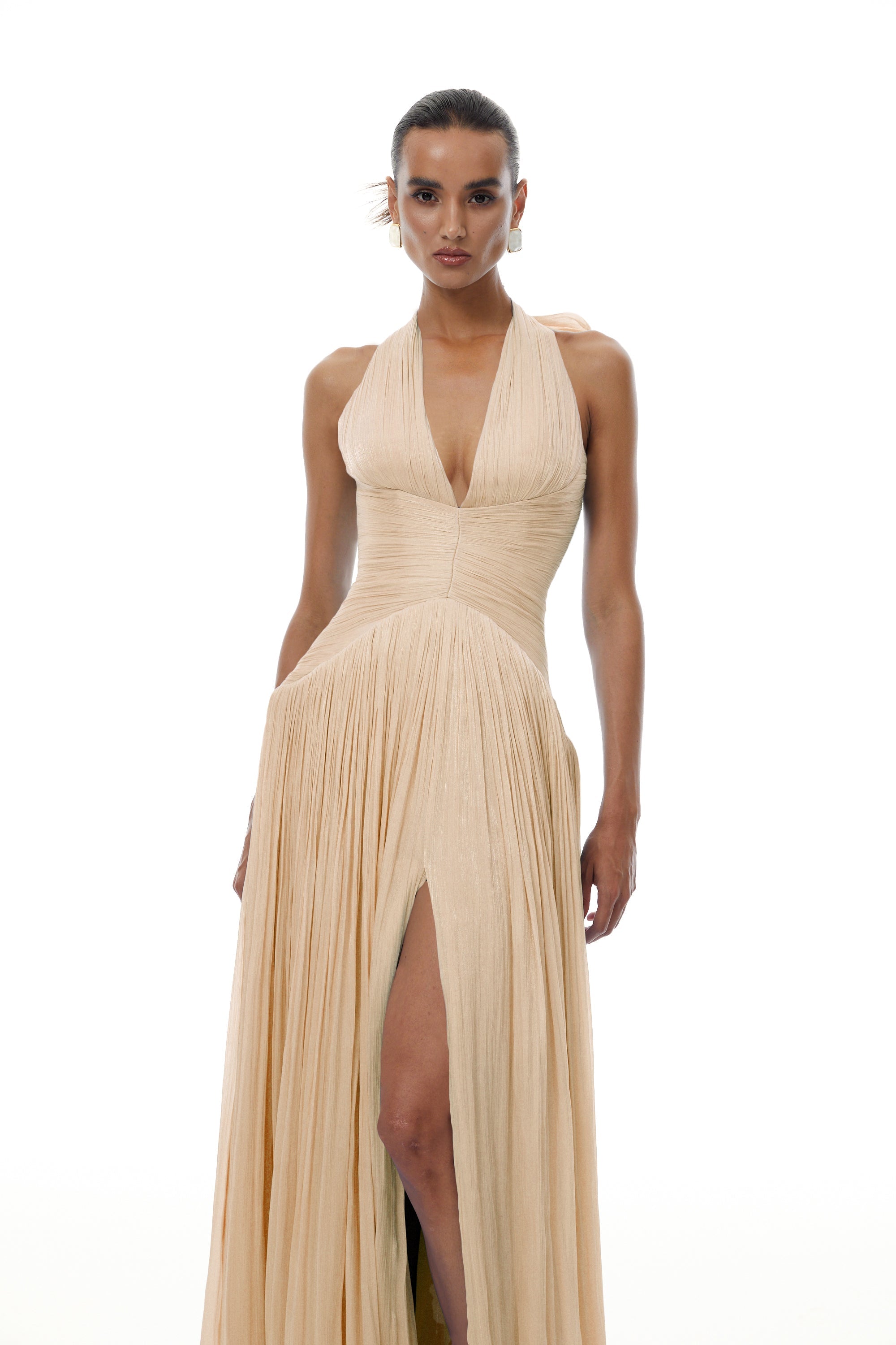 Térébenthine Neutral Glossy Gathered Maxi Dress (Final Sale-US Only)
