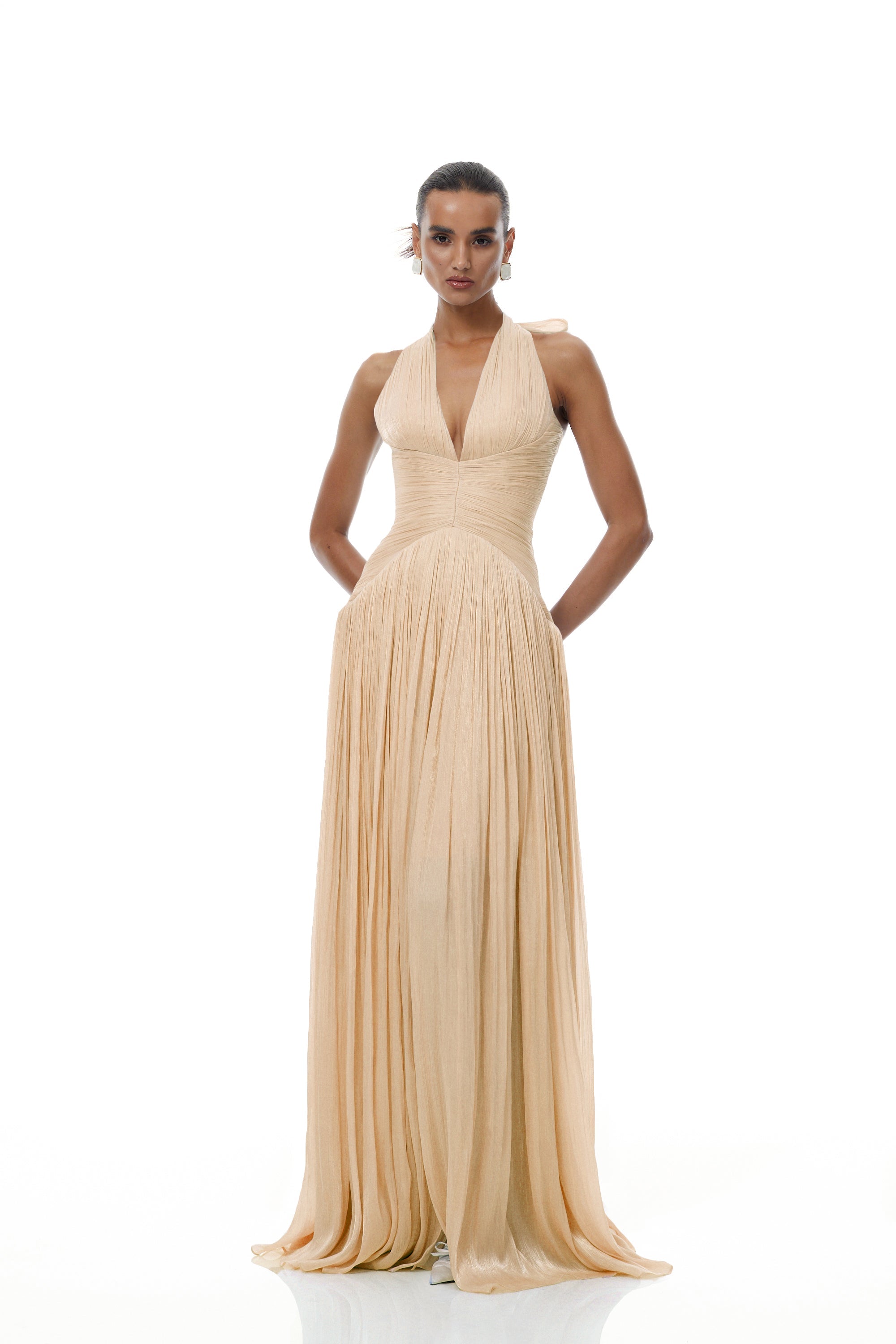 Térébenthine Neutral Glossy Gathered Maxi Dress (Final Sale-US Only)