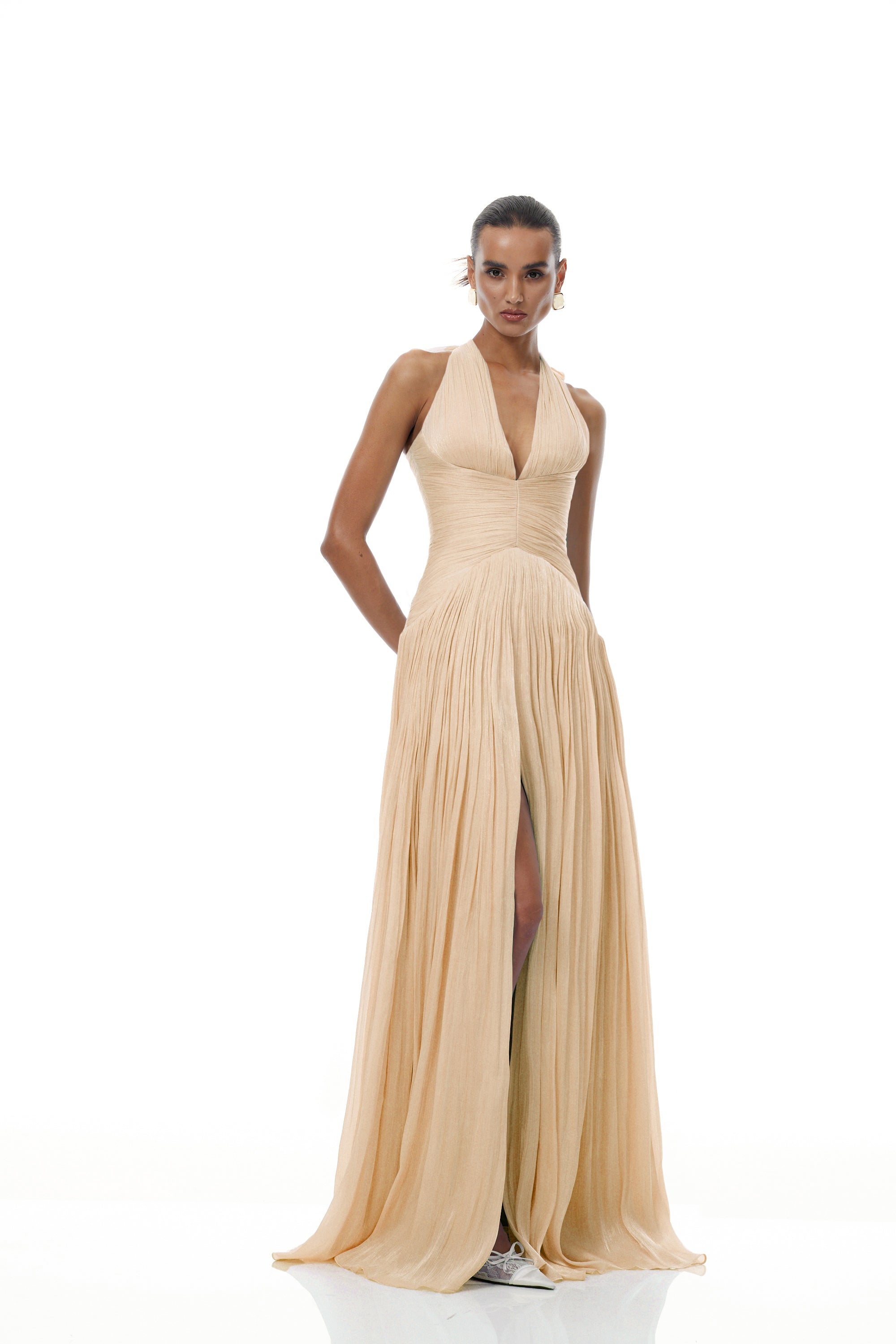 Térébenthine Neutral Glossy Gathered Maxi Dress (Final Sale-US Only)