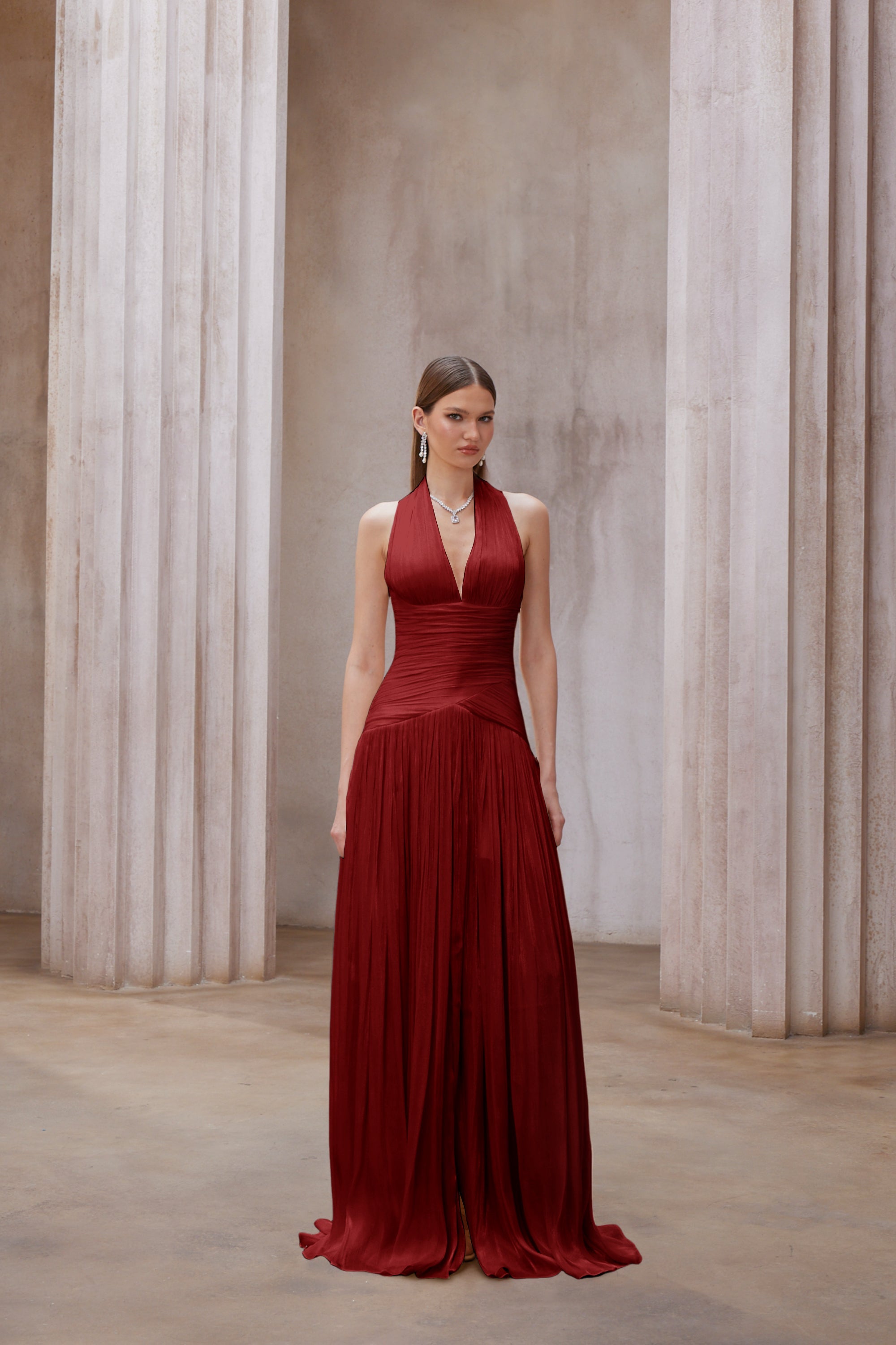 Uranie Red Gathered Maxi Dress (Final Sale-US Only)