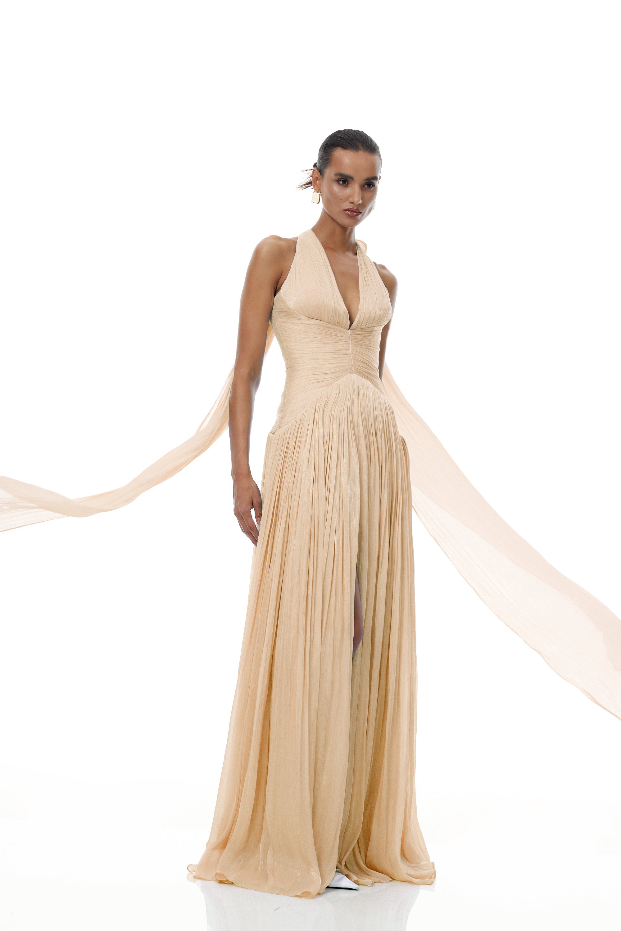 Térébenthine Neutral Glossy Gathered Maxi Dress (Final Sale-US Only)
