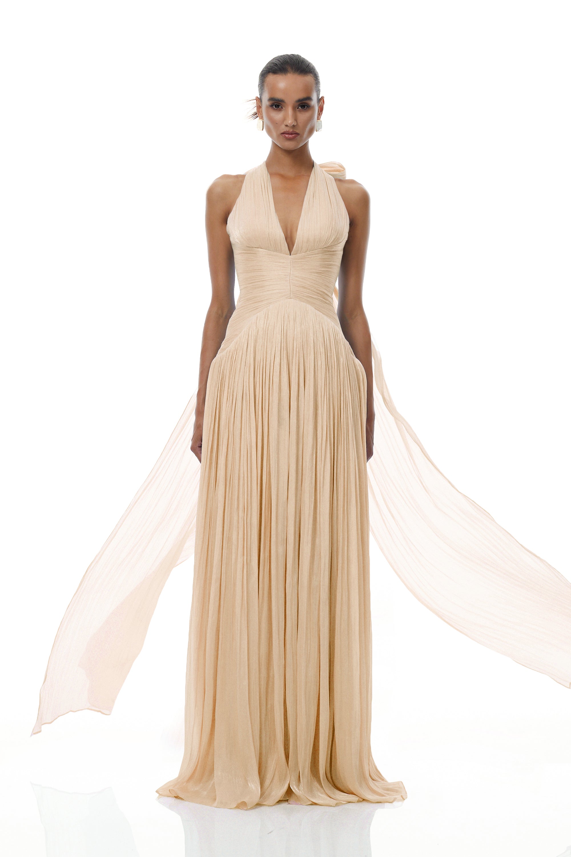 Térébenthine Neutral Glossy Gathered Maxi Dress (Final Sale-US Only)