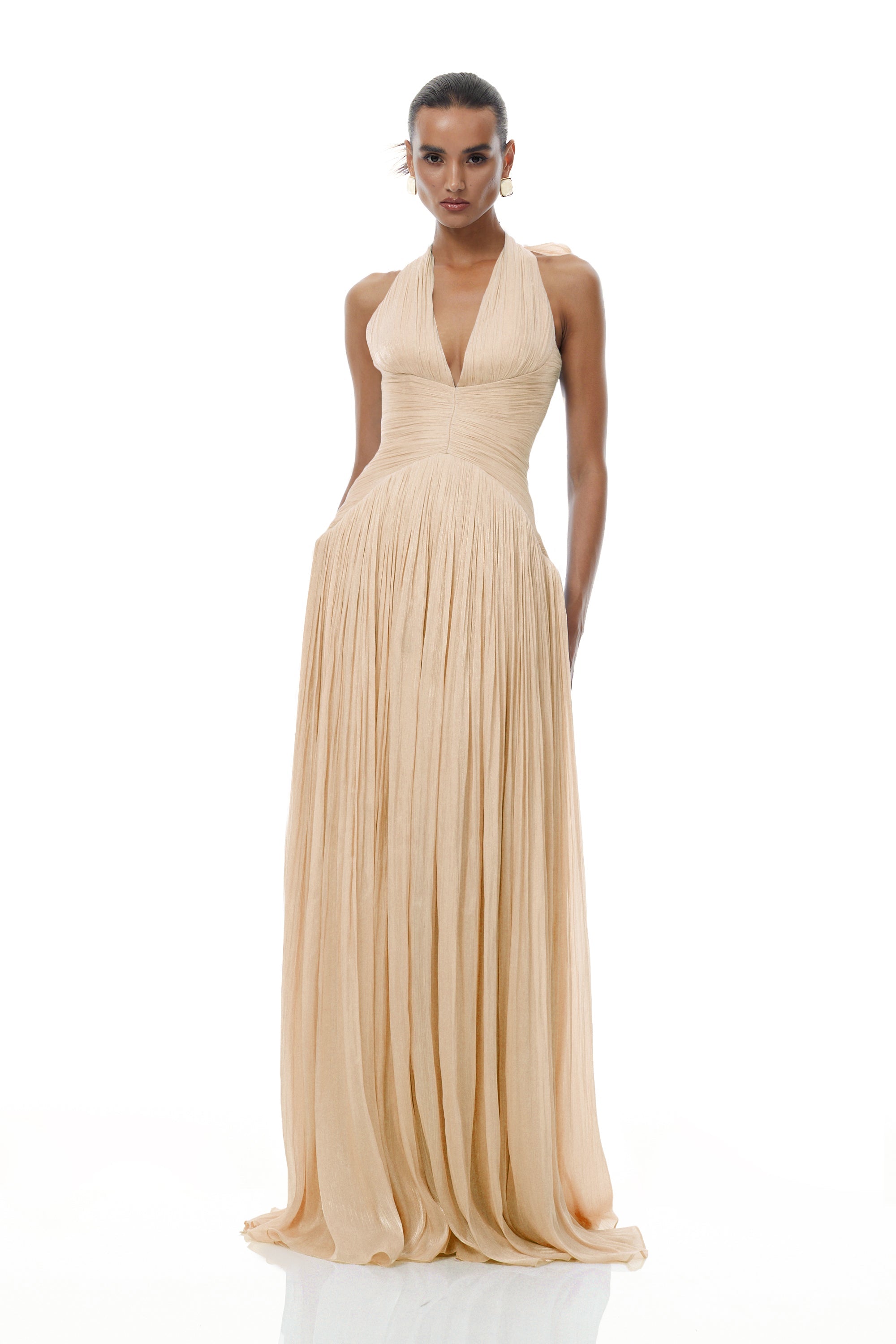 Térébenthine Neutral Glossy Gathered Maxi Dress (Final Sale-US Only)