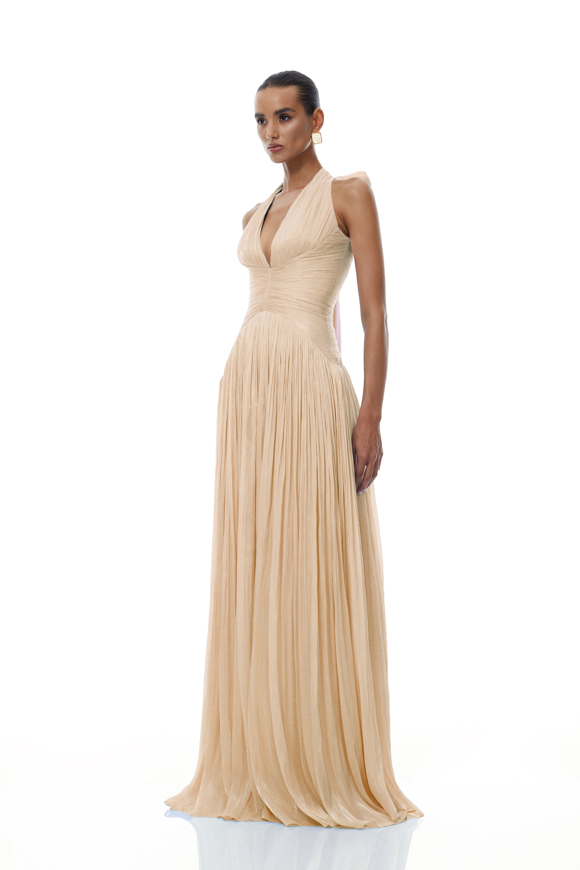 Térébenthine Neutral Glossy Gathered Maxi Dress (Final Sale-US Only)
