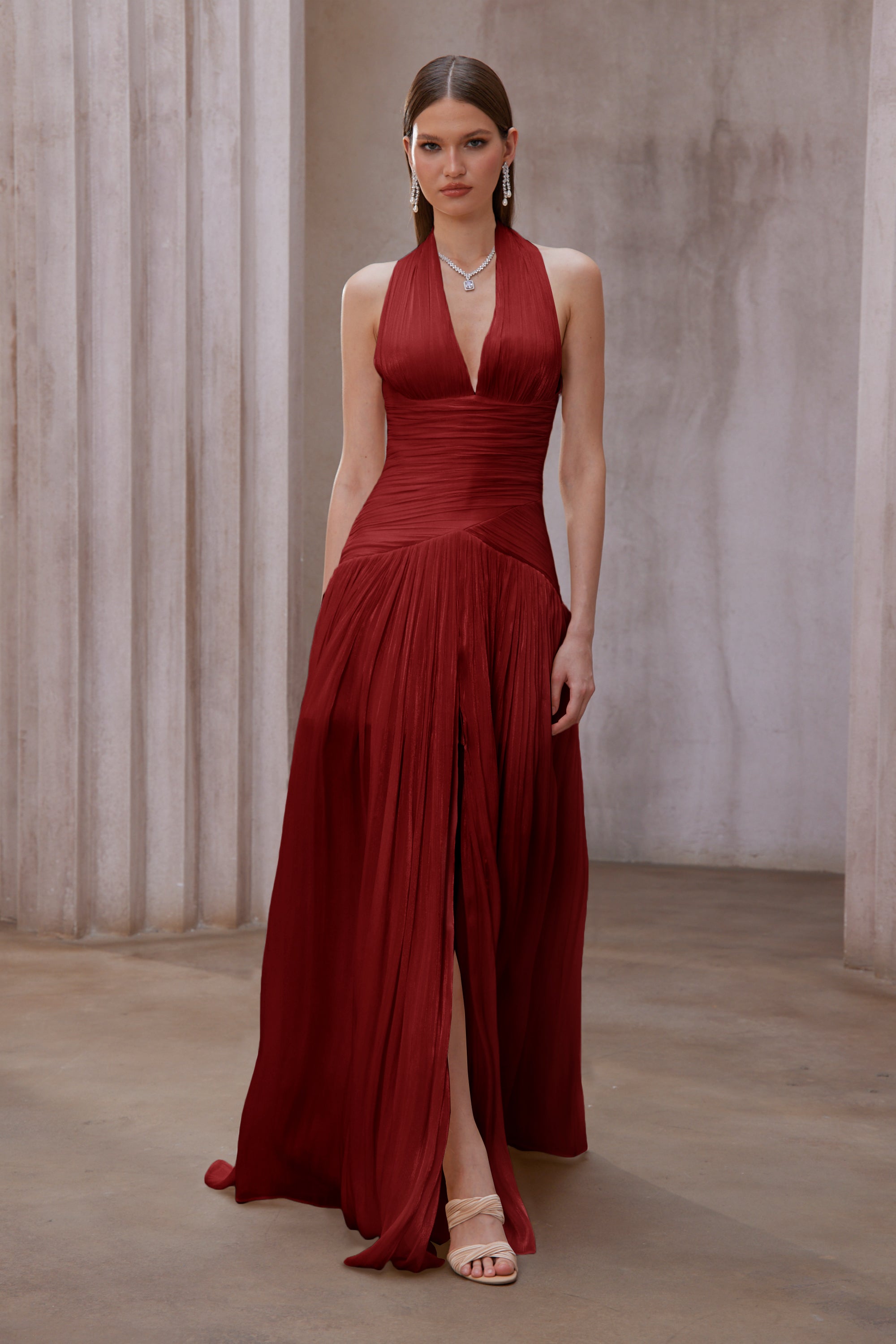 Uranie Red Gathered Maxi Dress (Final Sale-US Only)