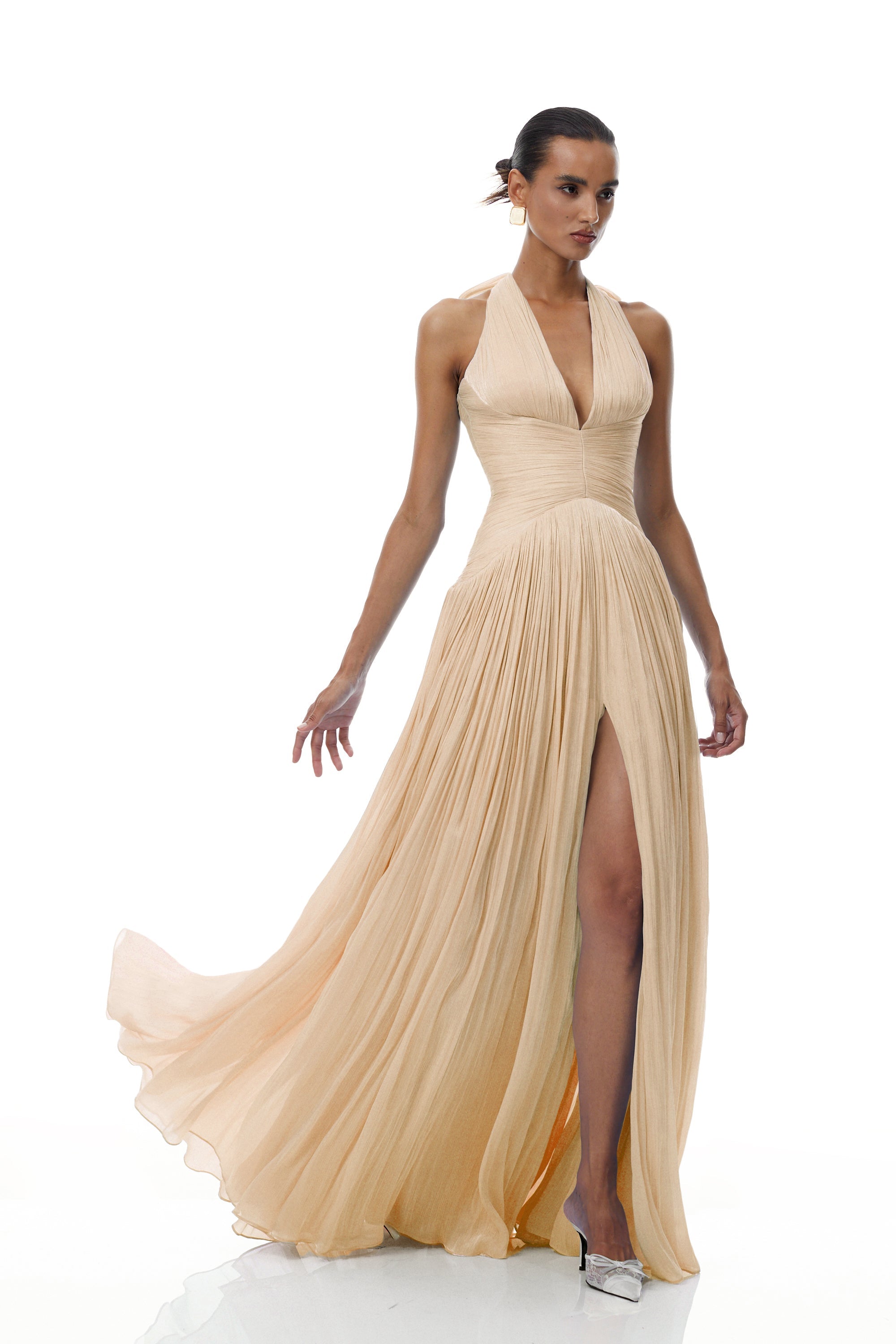 Térébenthine Neutral Glossy Gathered Maxi Dress (Final Sale-US Only)