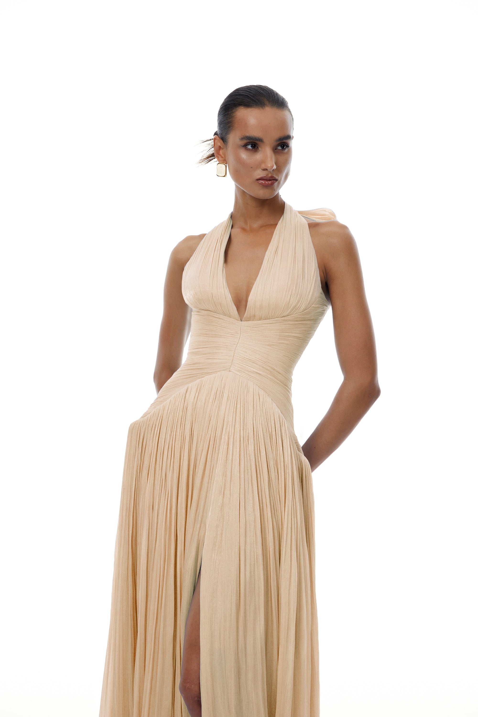 Térébenthine Neutral Glossy Gathered Maxi Dress (Final Sale-US Only)