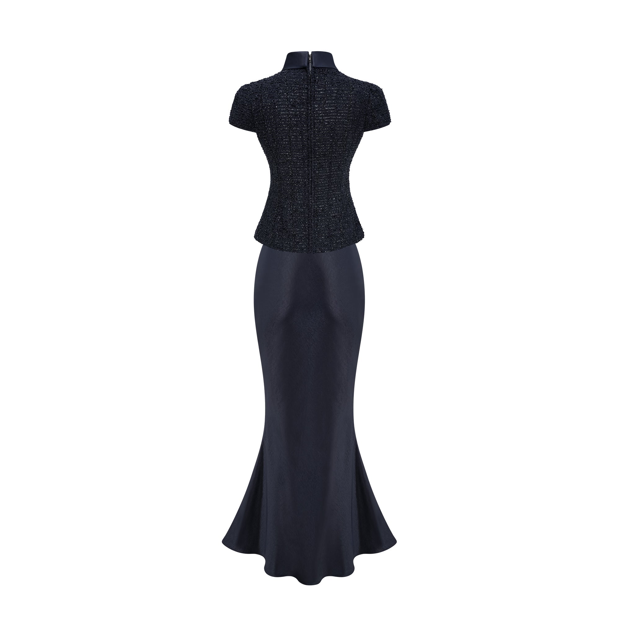 Navy blue short-sleeve maxi dress with a peplum jacket bodice and satin skirt