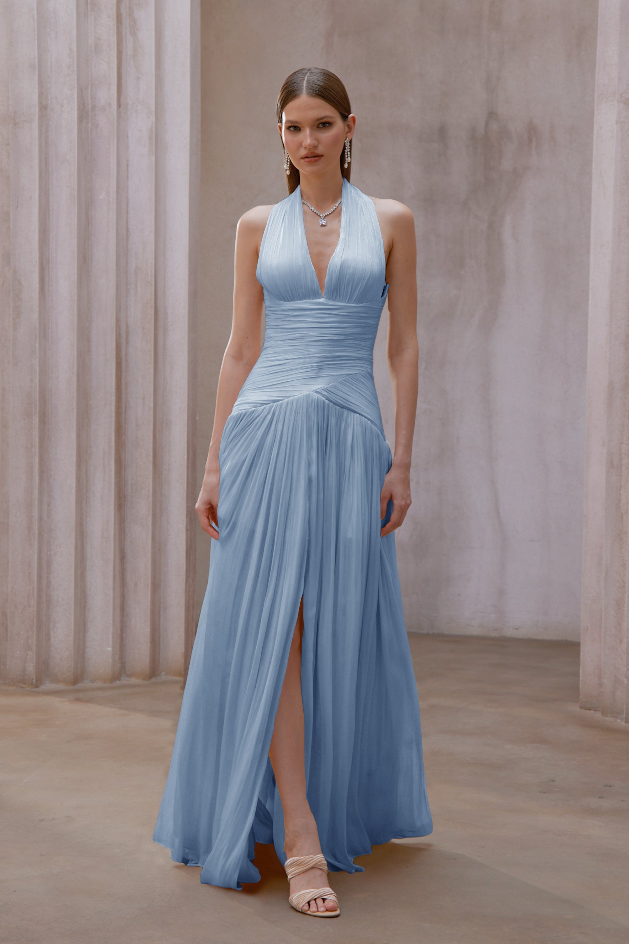 Blue Gathered Maxi Dress