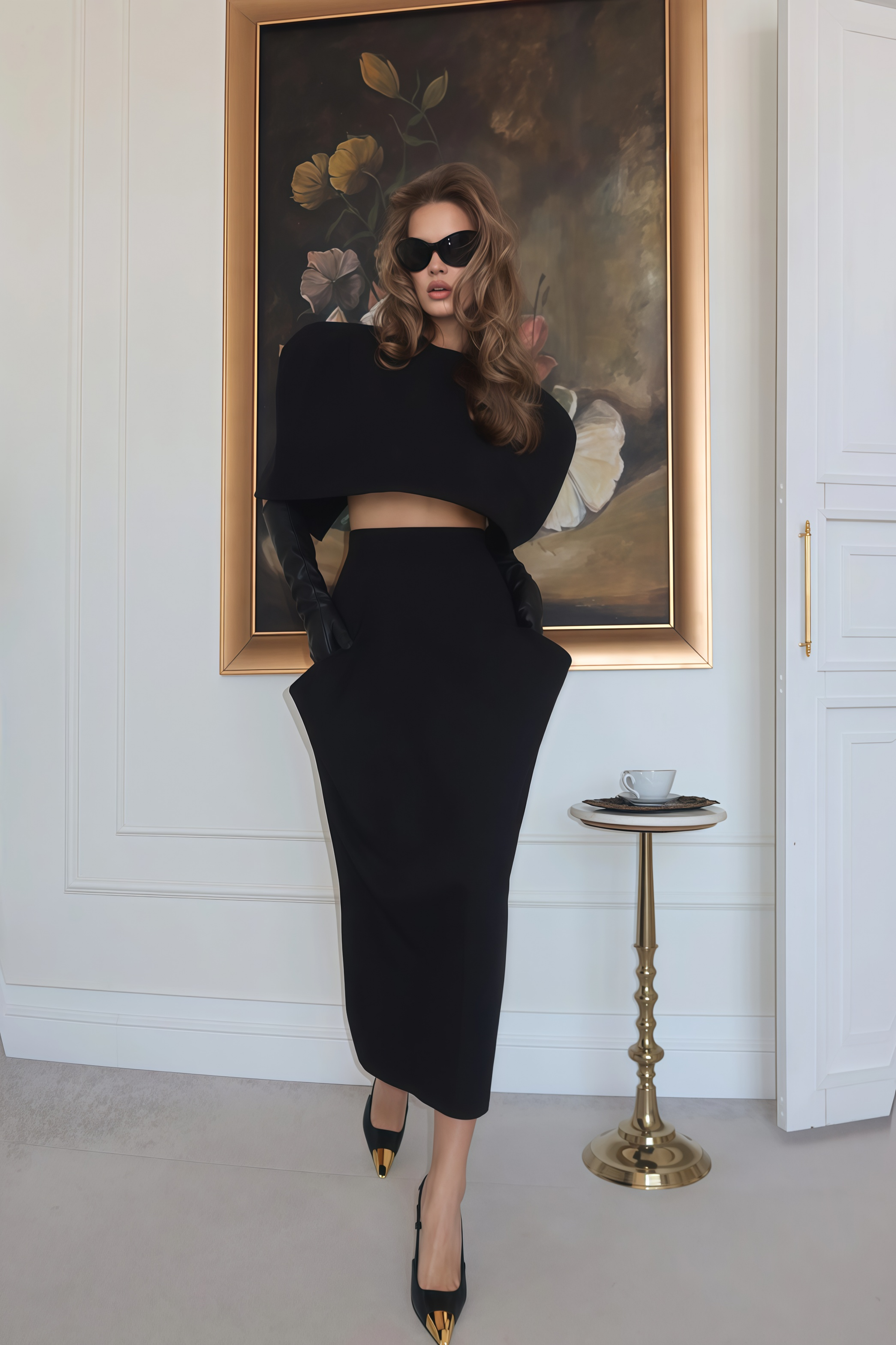 Black structured two-piece midi set with a boxy crop top and an exaggerated hip midi skirt