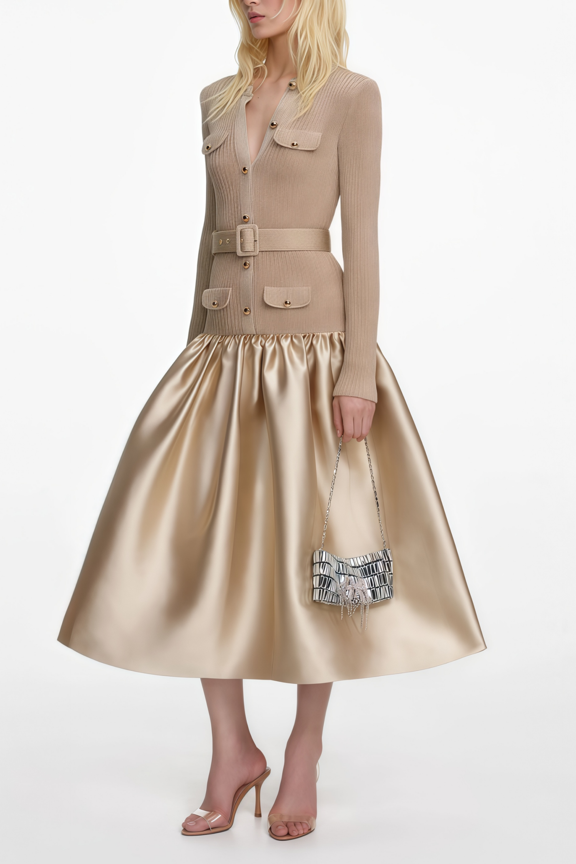 Gold Knit Taffeta Midi Dress