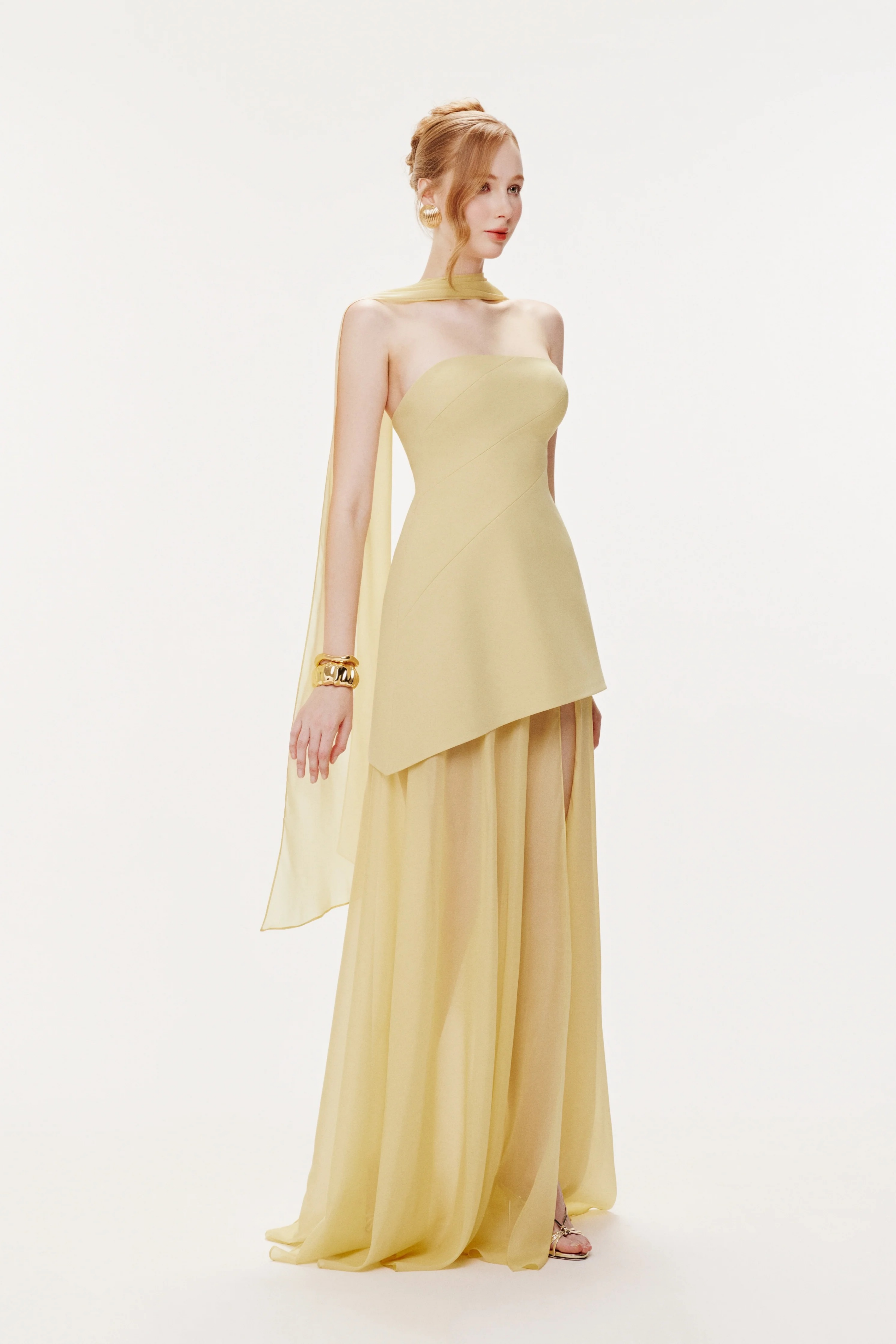 Marlis Yellow Strapless Layered Train Dress