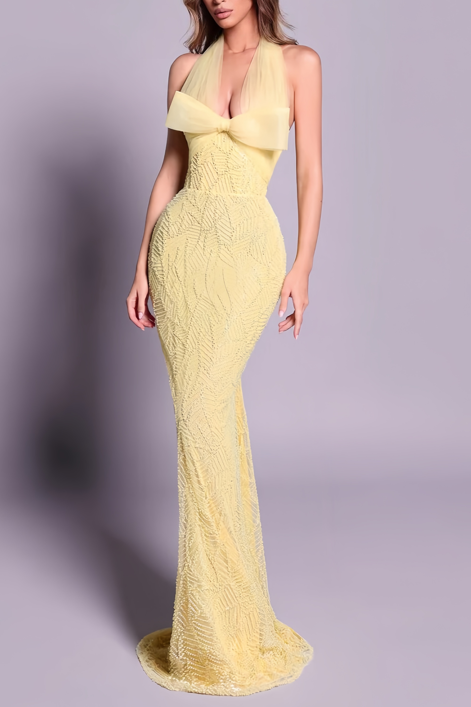 Yellow Halter Neck Beading Prom Dress