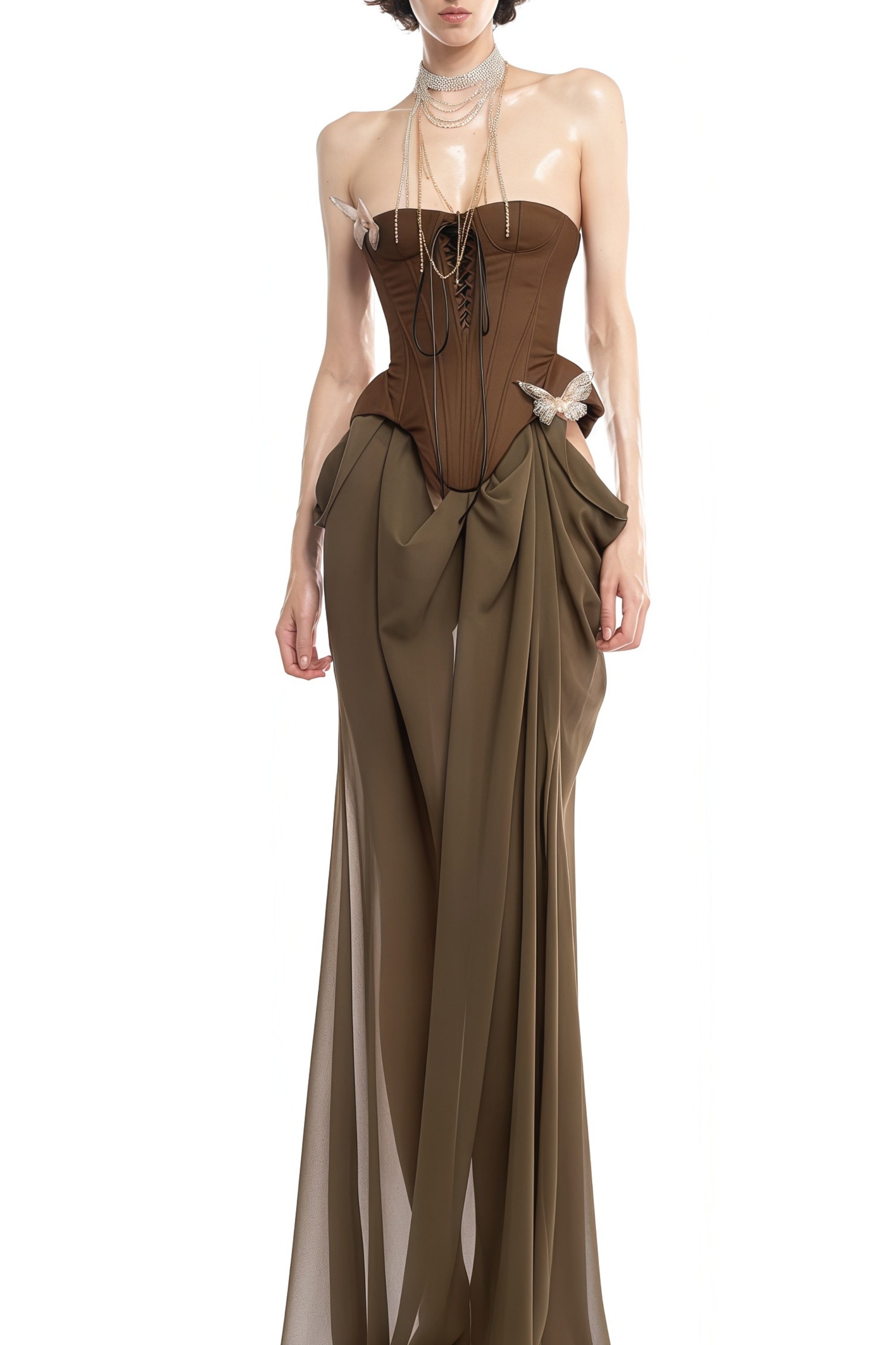 Robe longue corset Eva marron à motif papillon et broche (Vente définitive - États-Unis uniquement)