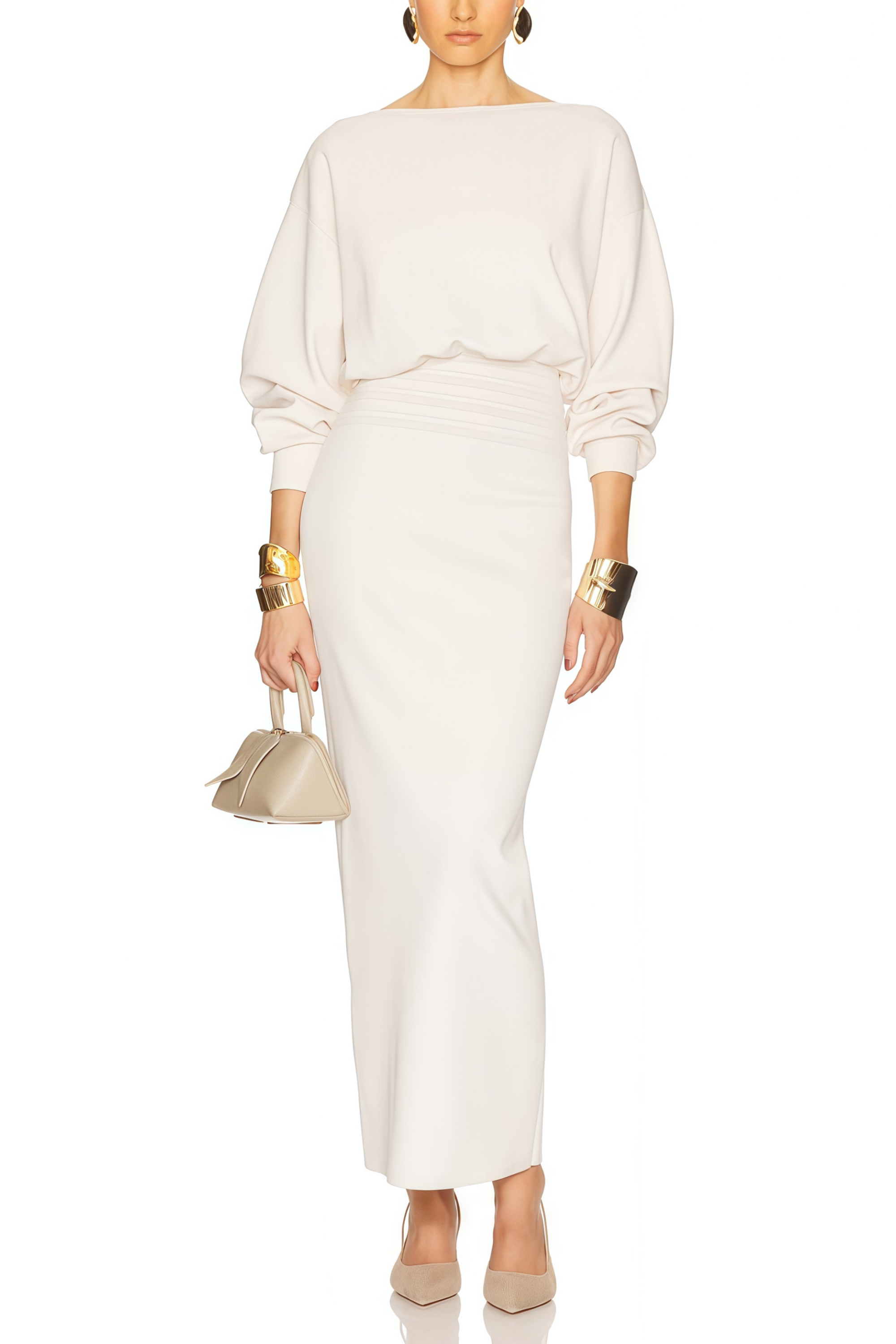Boglárka White Cinched Knitted Waist Midi Dress (Final Sale-US Only)