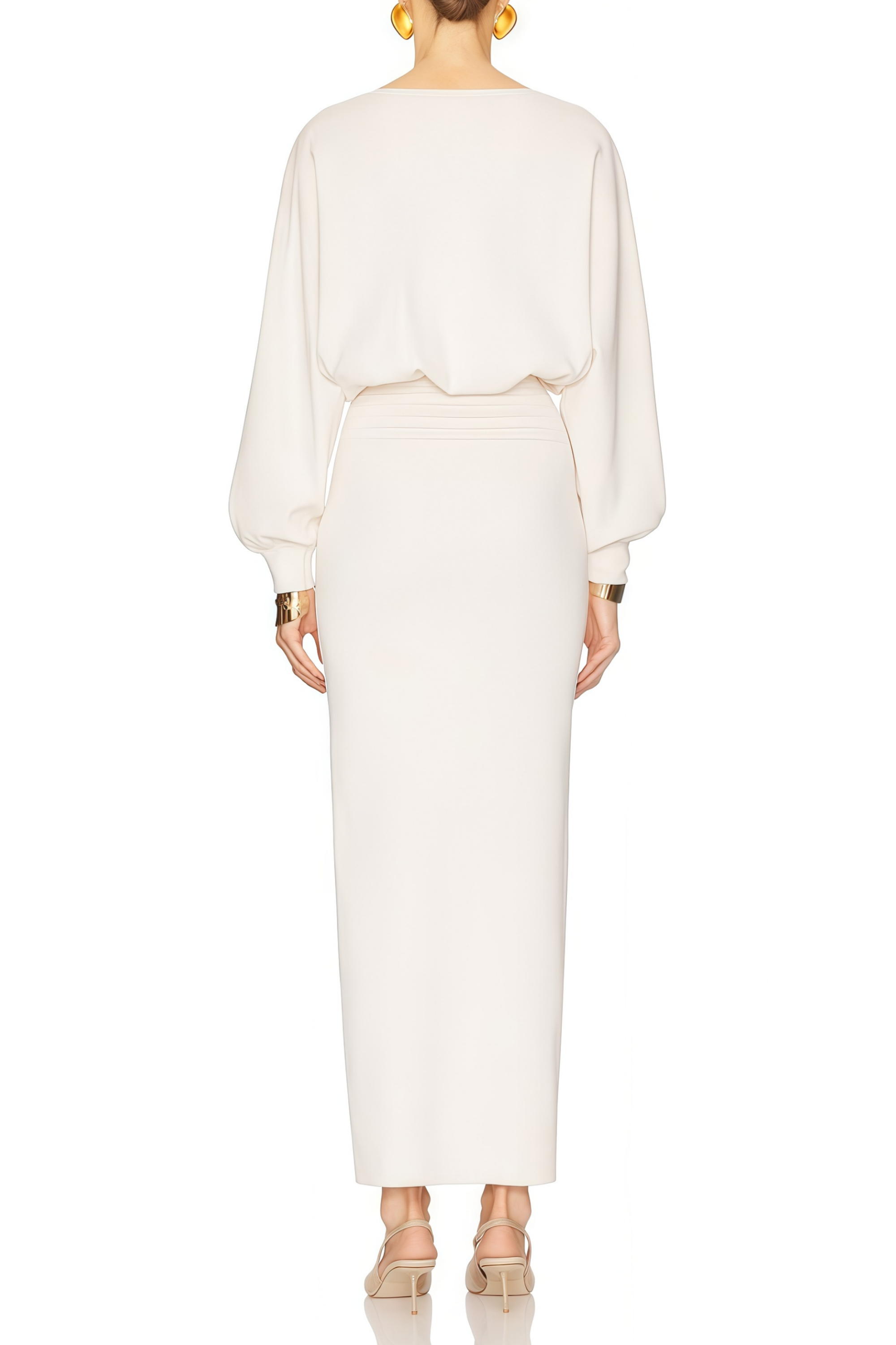 Boglárka White Cinched Knitted Waist Midi Dress (Final Sale-US Only)