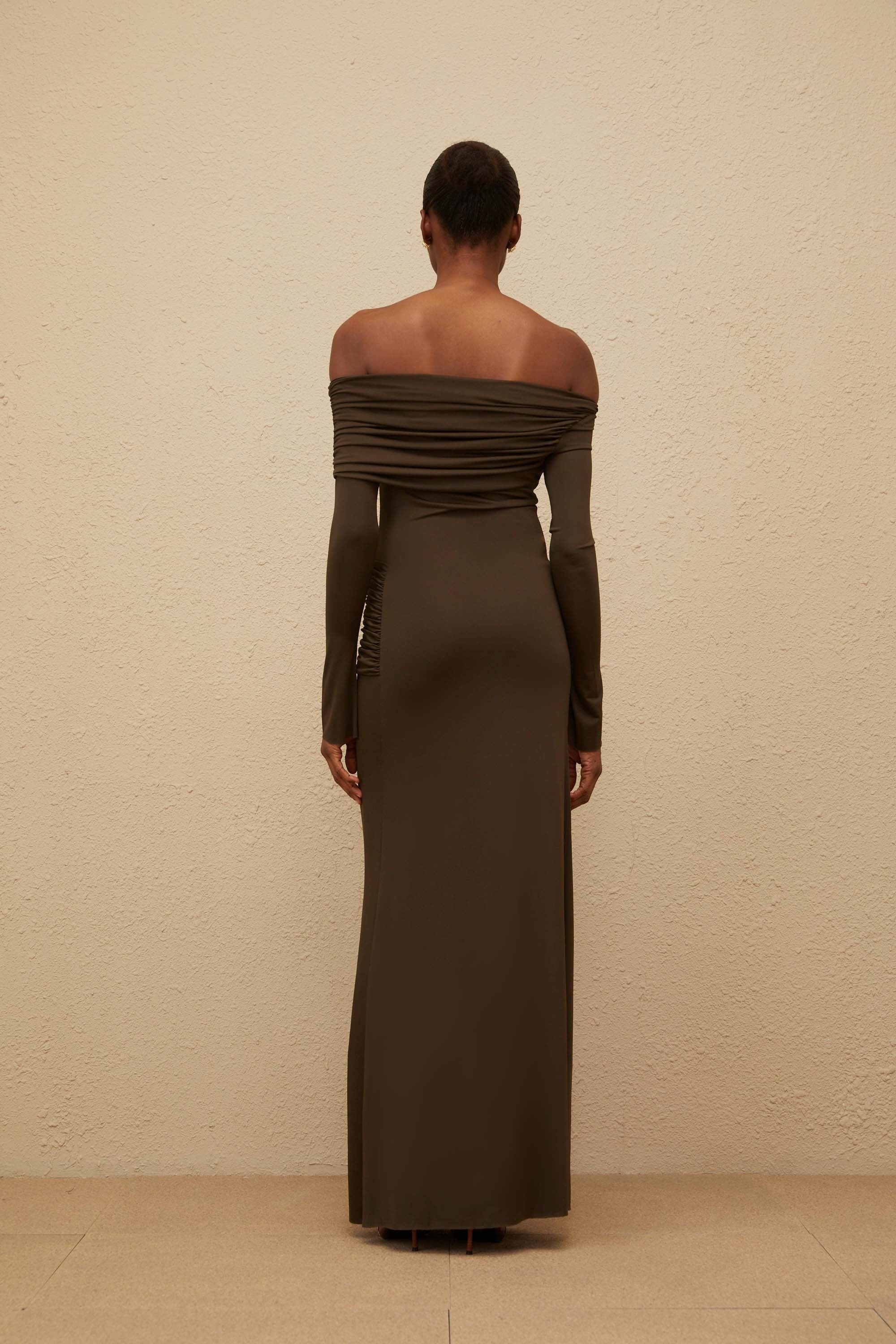 Sensuelle Green One-Shoulder Ruched Maxi Dress