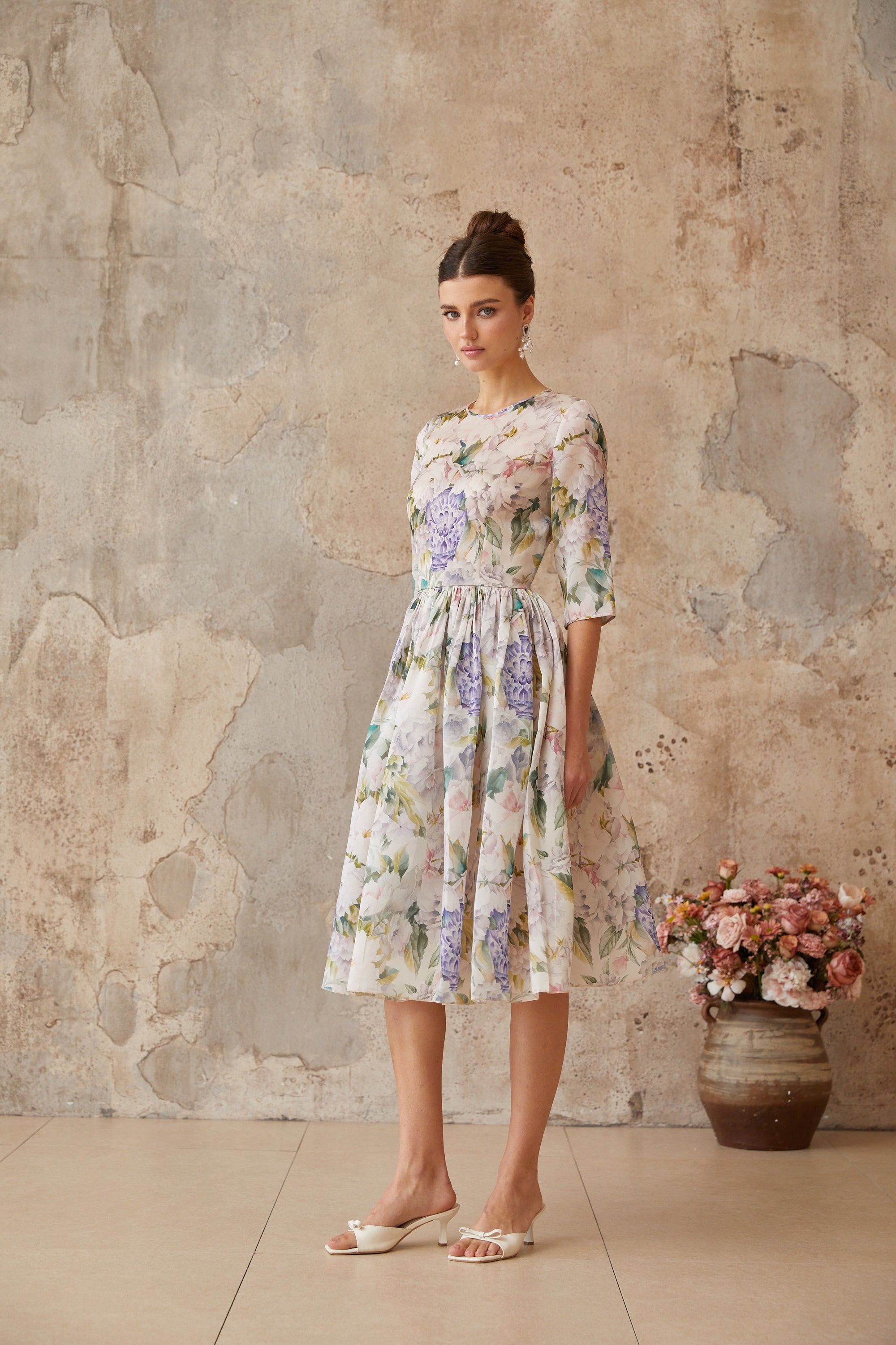 Lydie Floral Print Shirred Midi Dress (Final Sale)