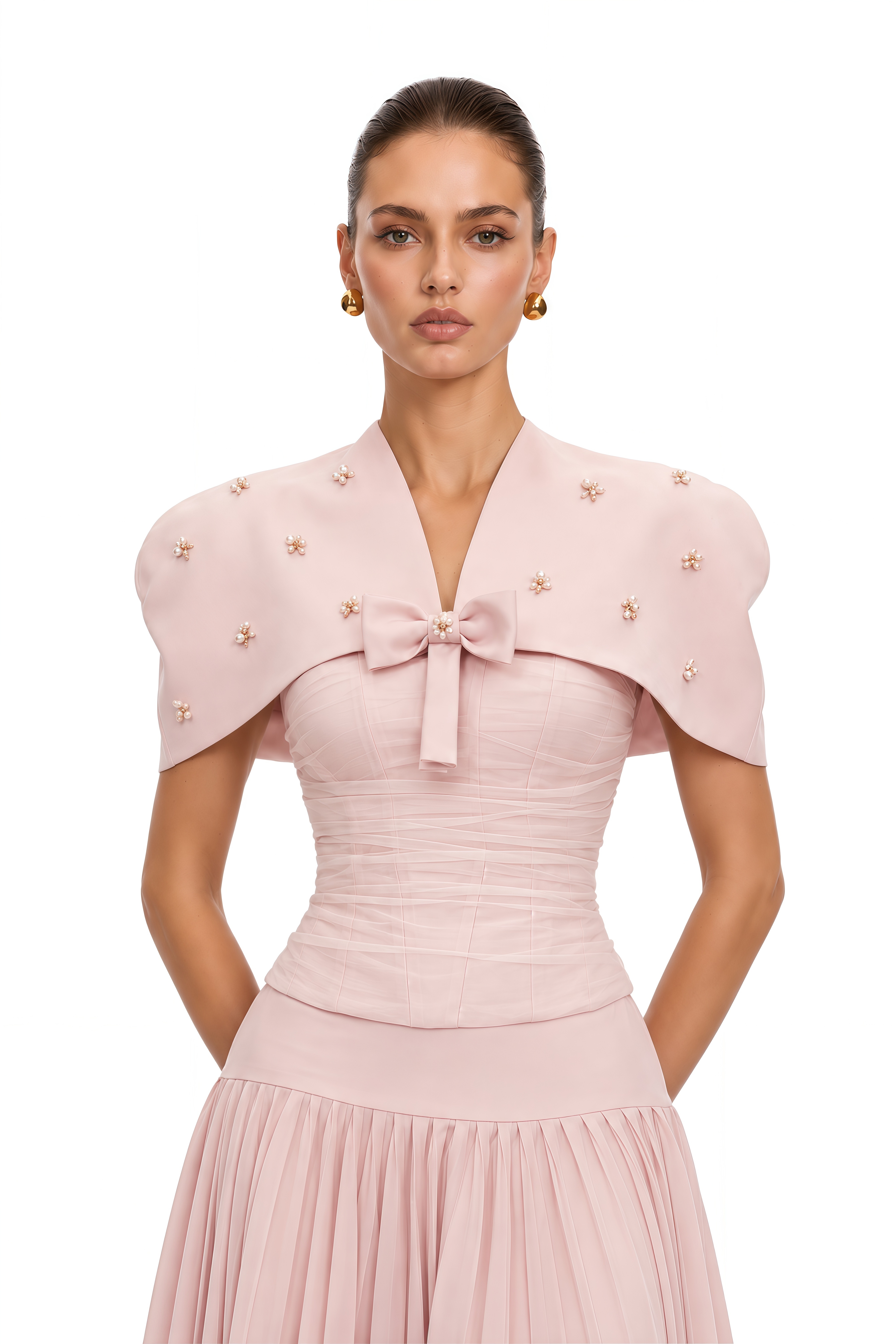 Priscille Pink Shawl & Corset Top & Pleated Skirt Set