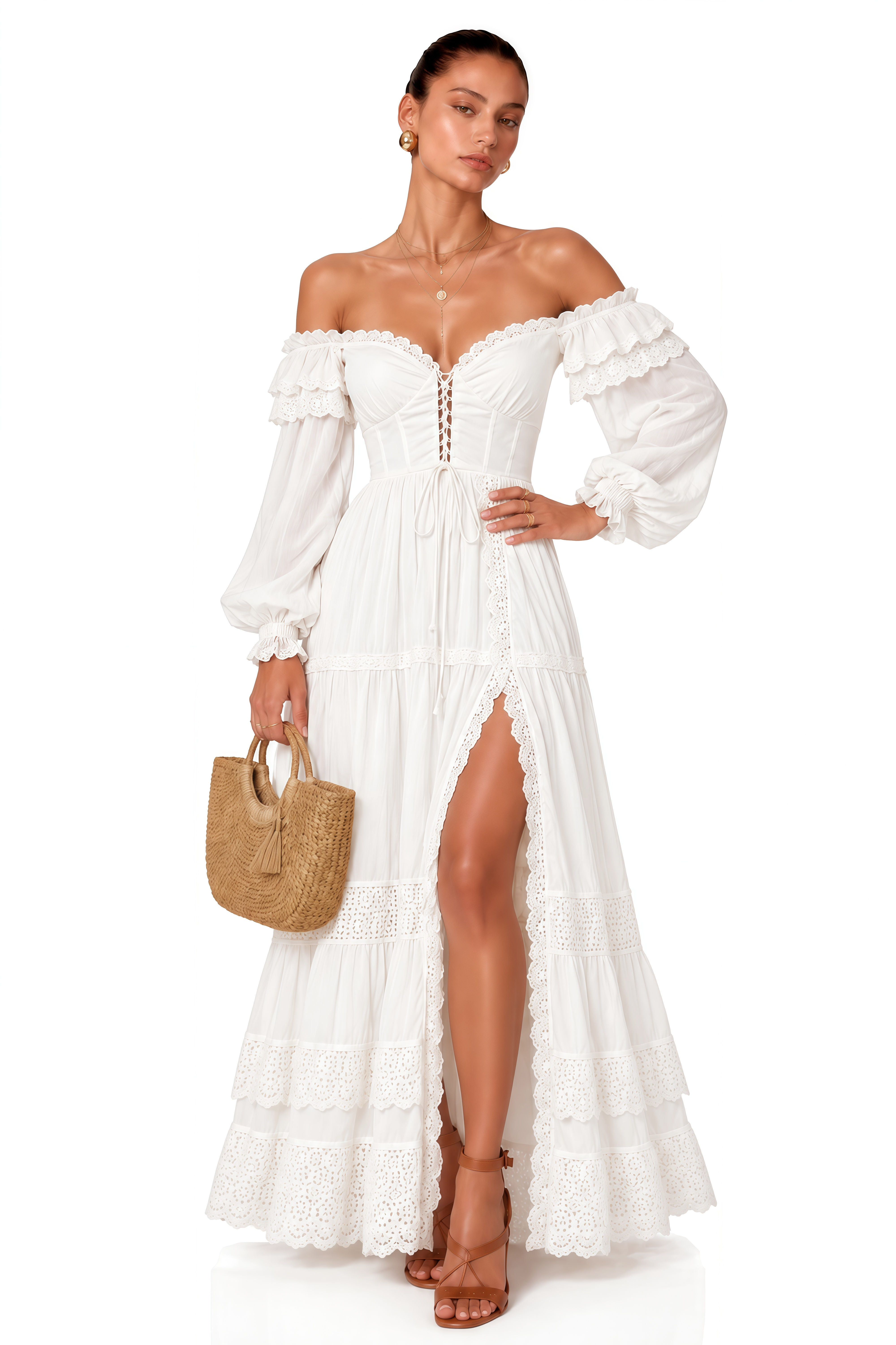 Brielle White Off Shoulder Lace Maxi Dress with Slit