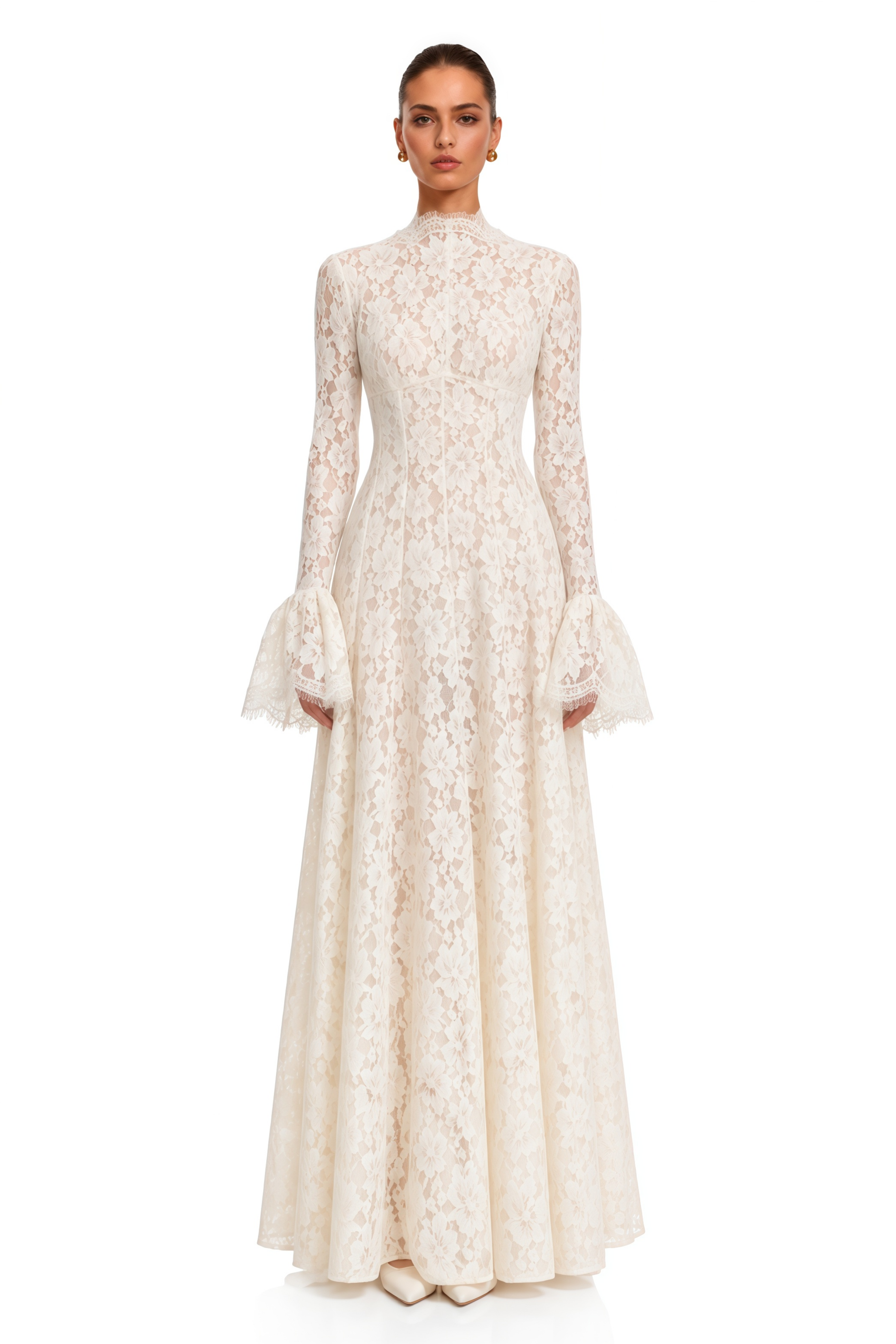 Genevieve Ivory High-Neck Floral Lace Flared-Sleeve Maxi Dress