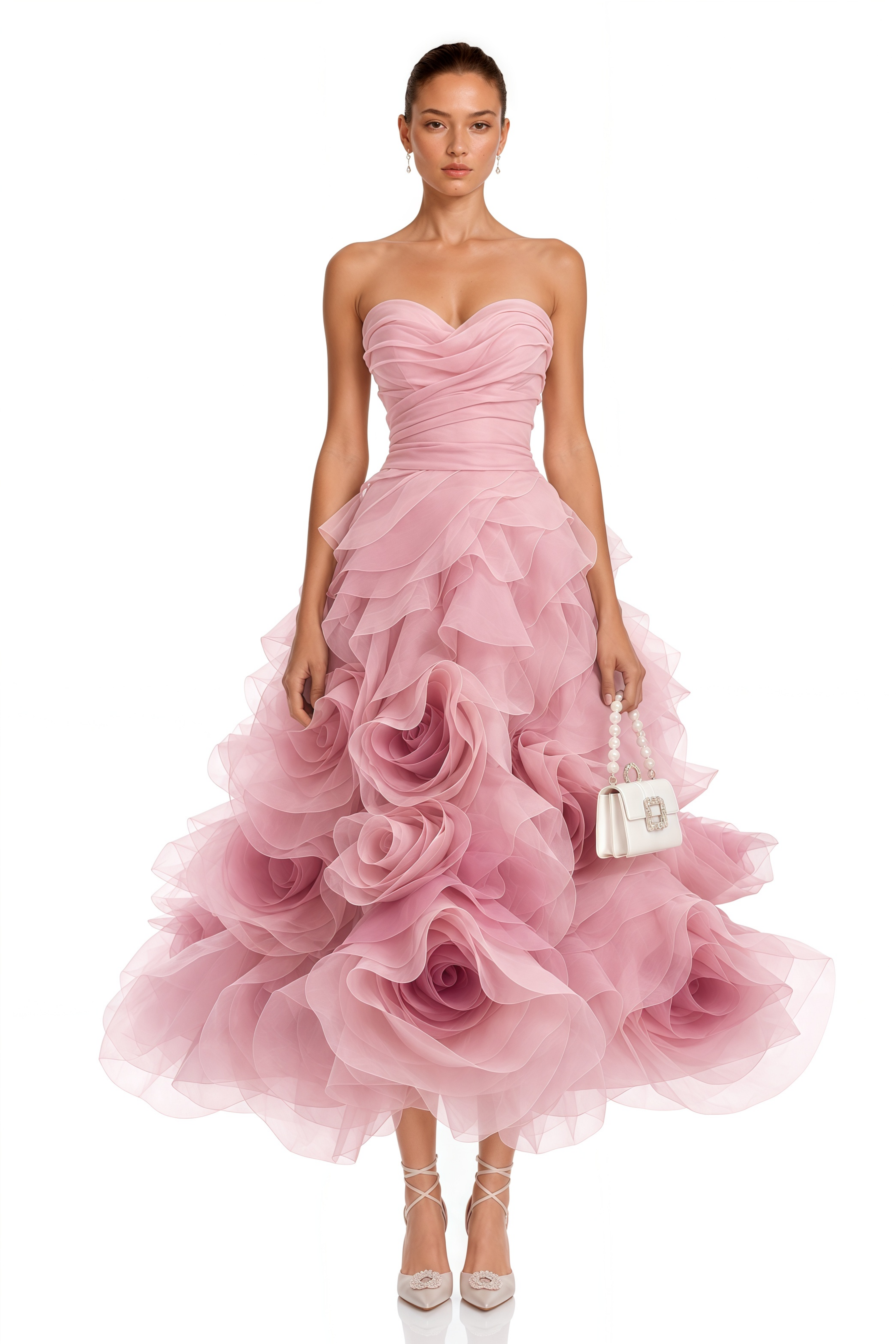 Marwa Pink 3D Floral Ruffled Tulle Midi Dress