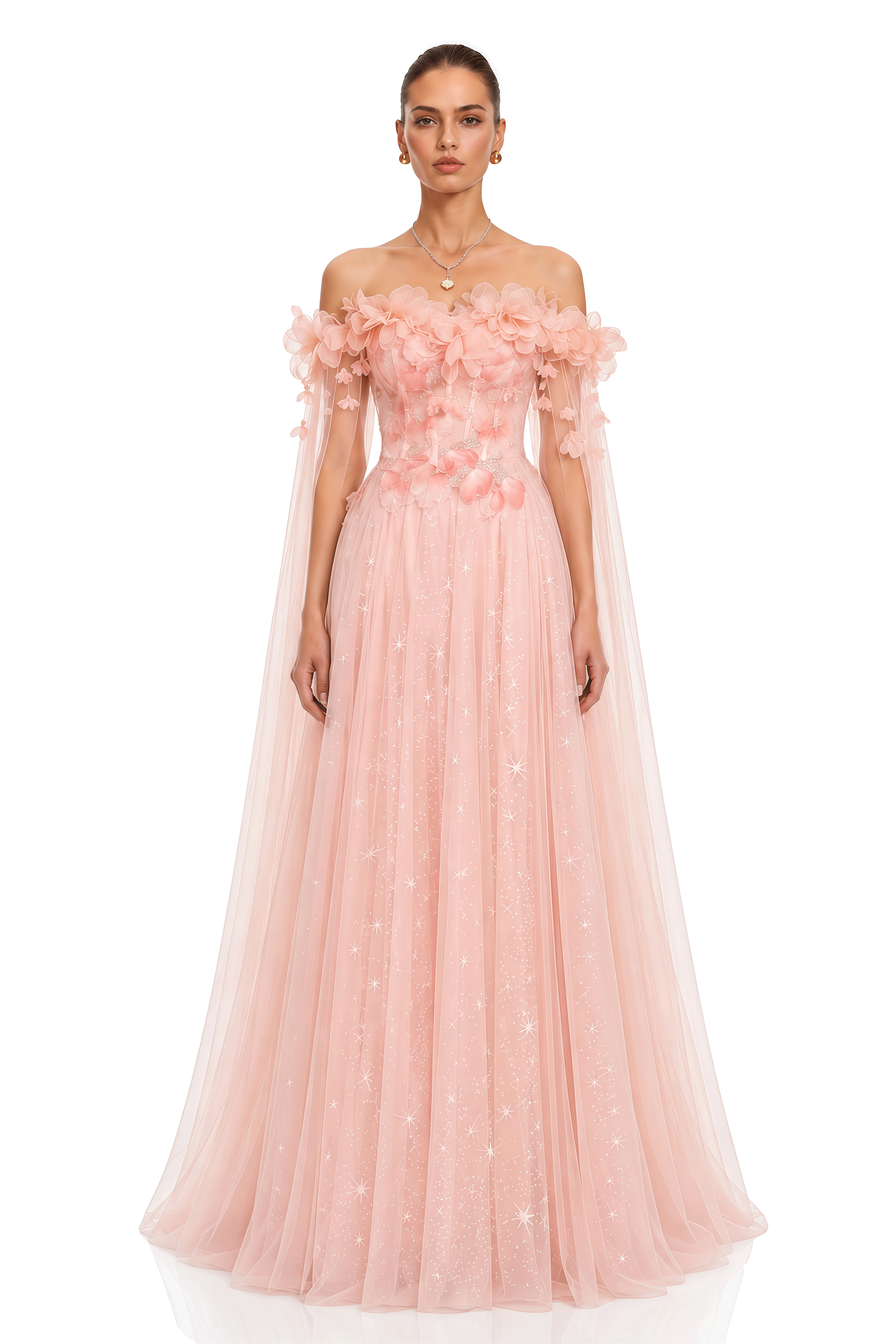 Naylah Pink Floral Applique Off Shoulder Tulle Maxi Dress