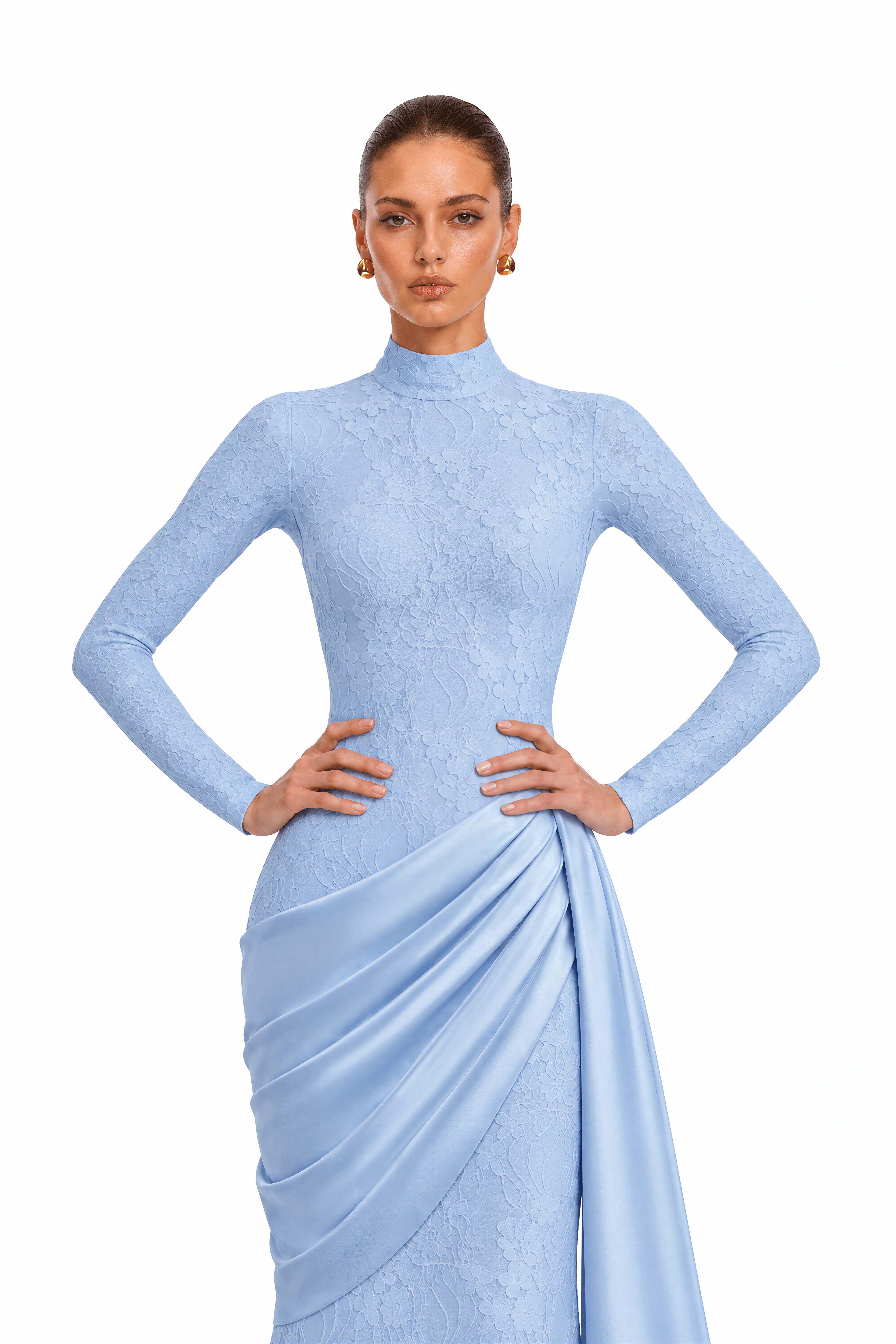 Tabeer Blue High Neck Long Sleeve Ruched Lace Maxi Dress