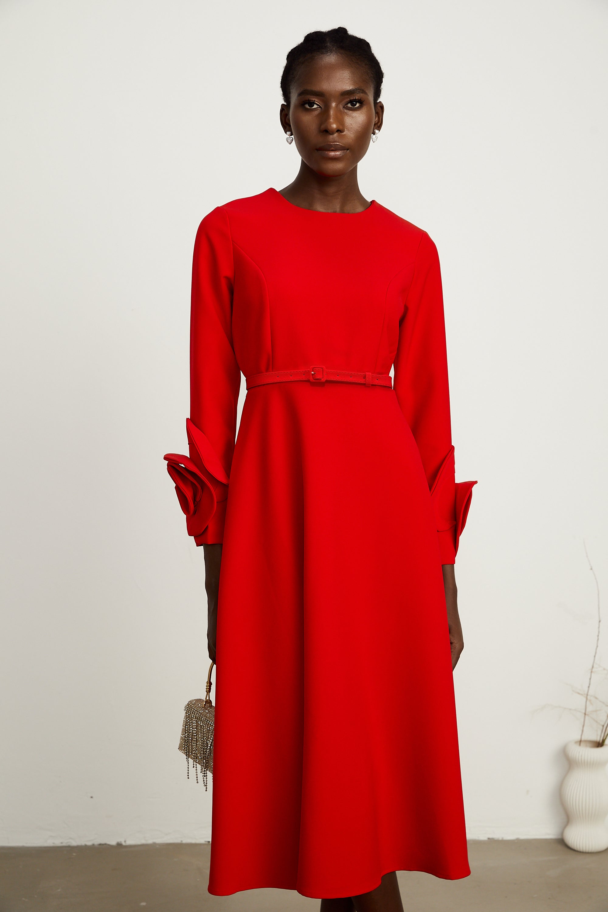 Aurelia red long-sleeve dress with floral embellishments (Final Sale-US Only)
