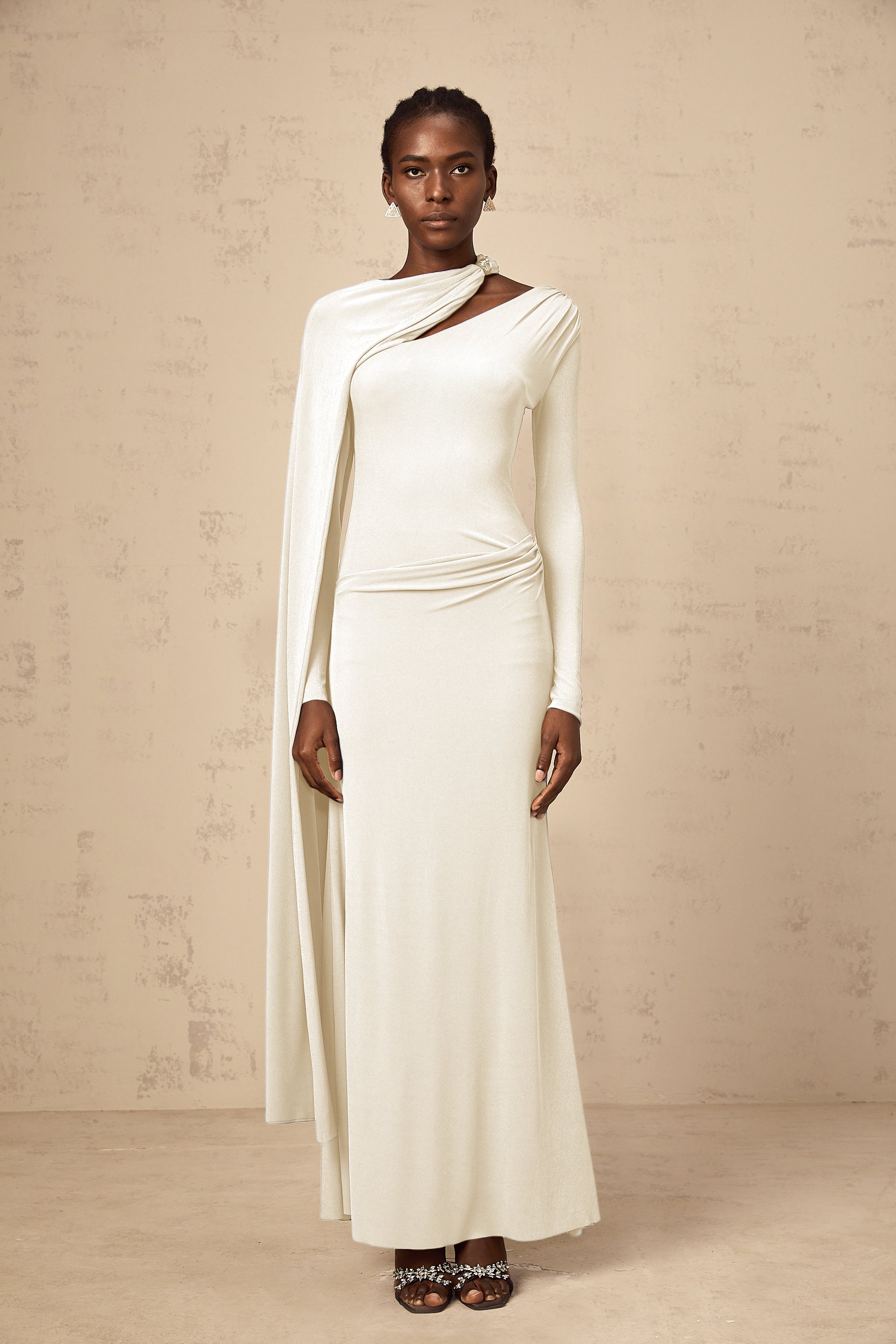 Josette White Diagonal Shawl Fitted Maxi Dress (Final Sale)