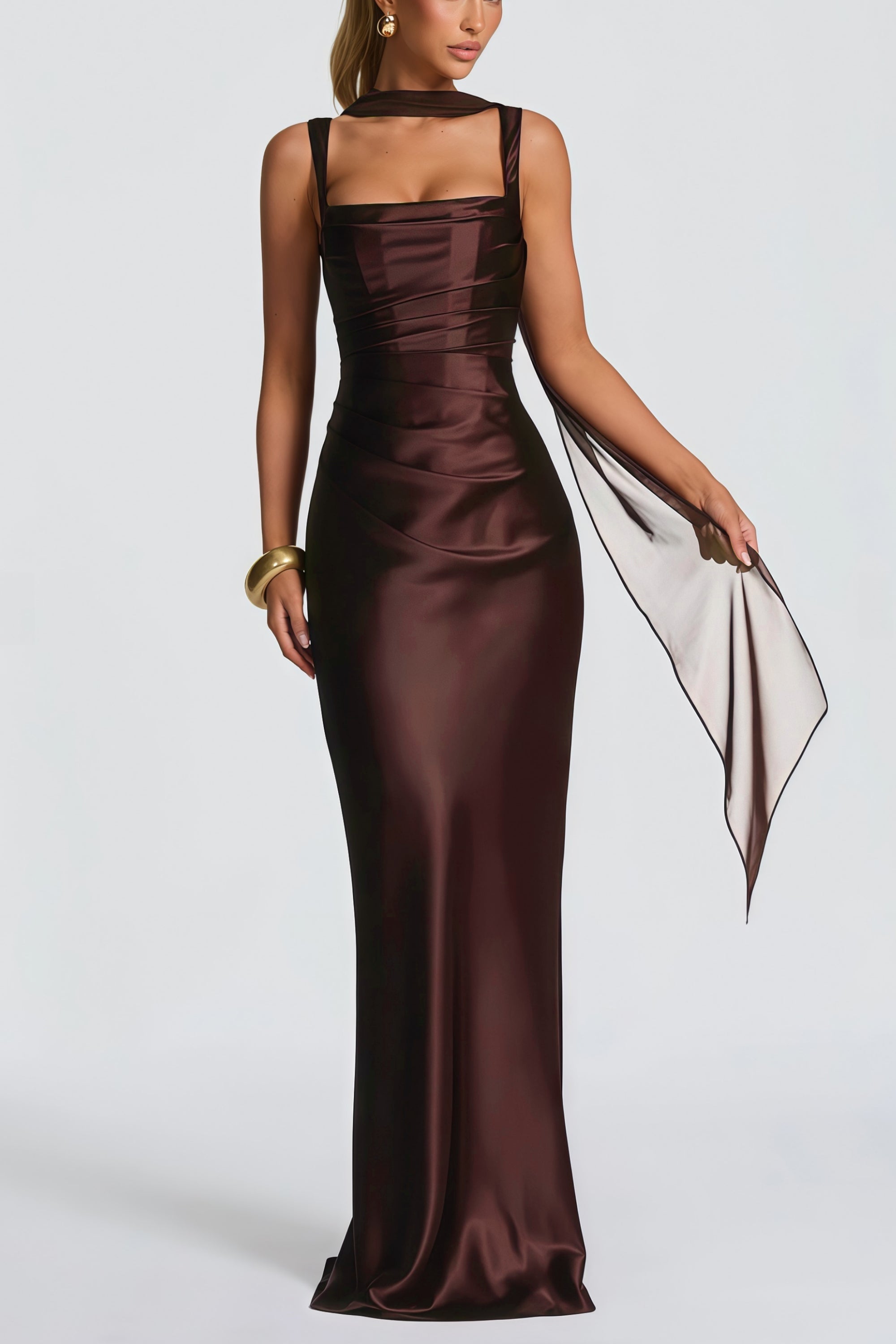 Inmaculada Brown Ruched Satin Maxi Dress (Without Gloves) (Final Sale-US Only)