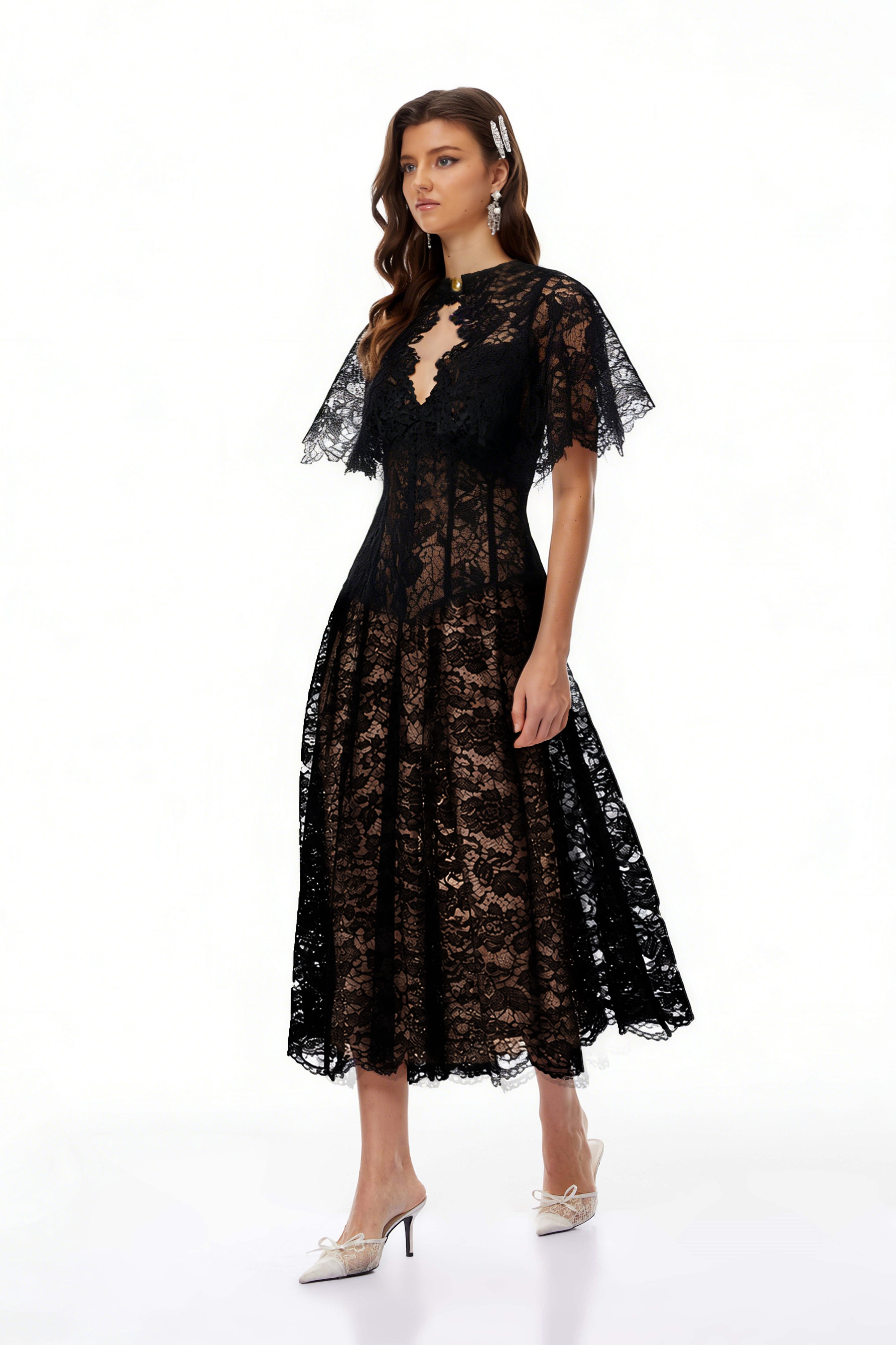 Alaia Black Cape Design Floral Lace Midi Dress (Final Sale)