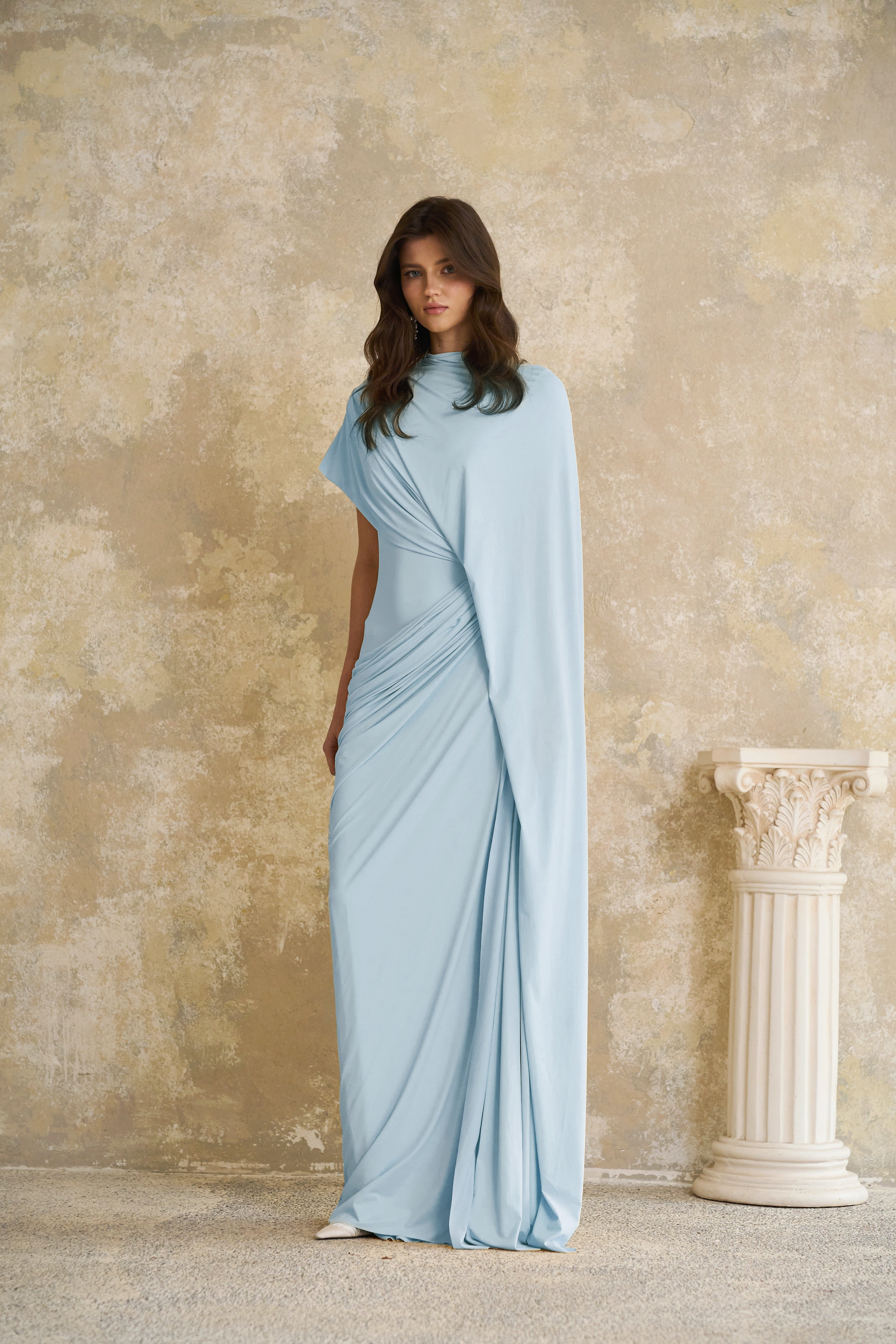 Fenella Blue Asymmetrical Draped Cape & Dress Matching Set (Final Sale-US Only)