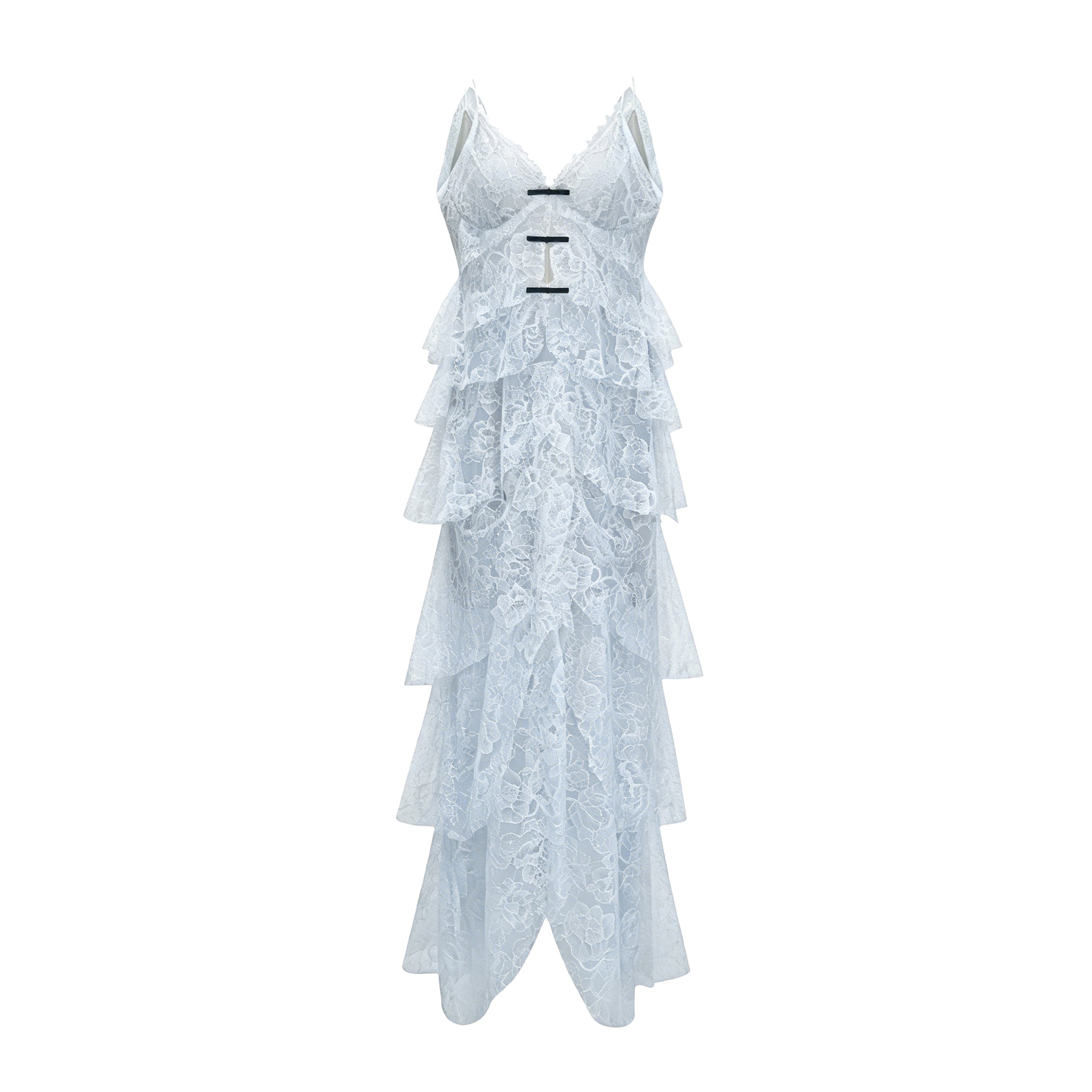 Atousa Blue Layered Floral Lace Maxi Dress with Bow (Final Sale)