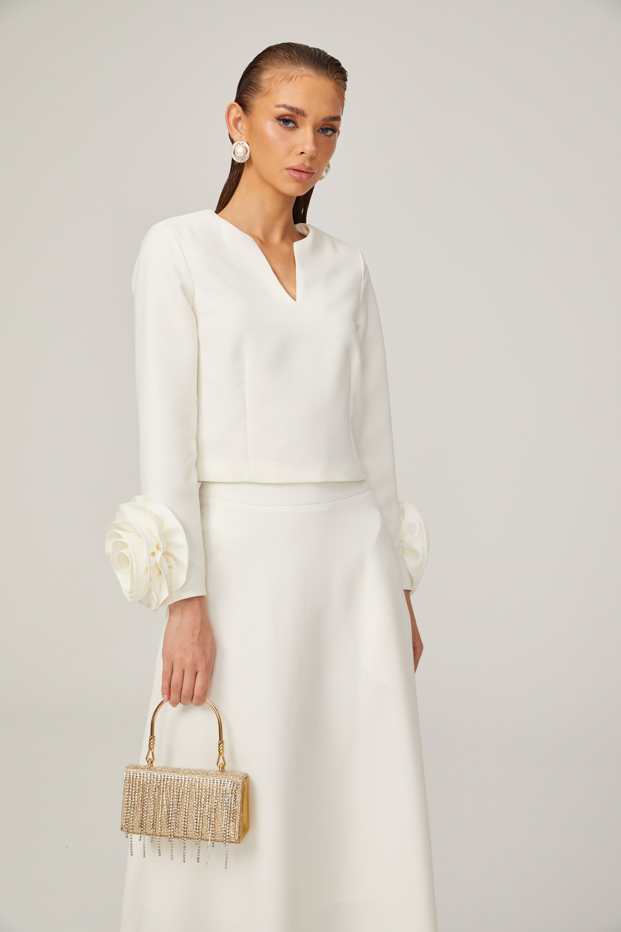 Hilaire white 3d-petal top & skirt matching set (Final Sale)