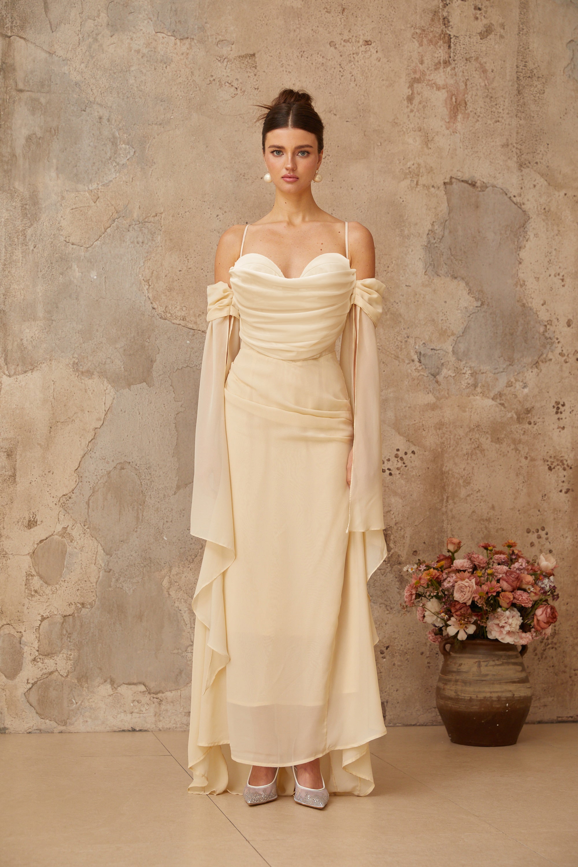 Robe longue en mousseline à volants Mélusine (Vente définitive - États-Unis uniquement)