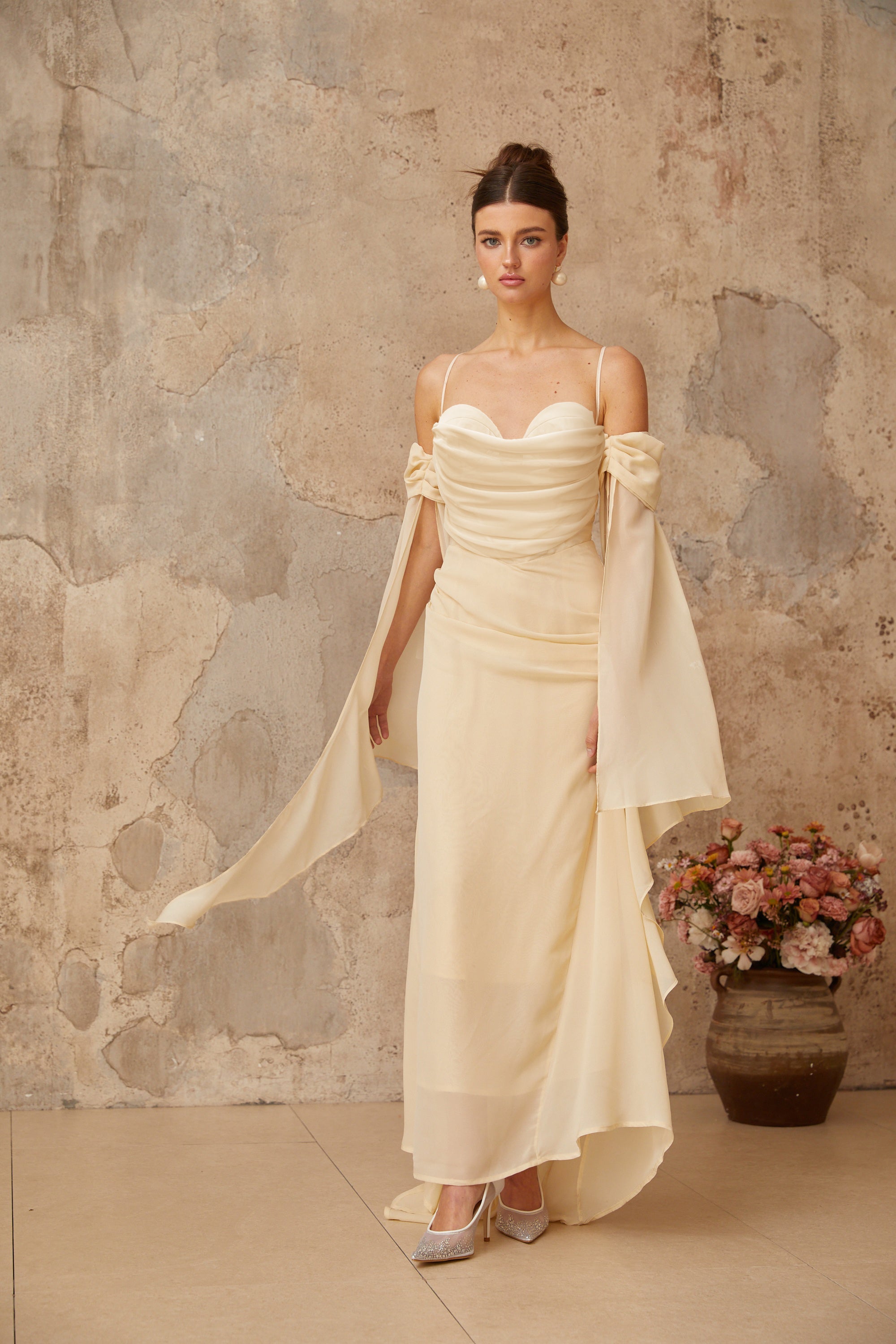 Robe longue en mousseline à volants Mélusine (Vente définitive - États-Unis uniquement)